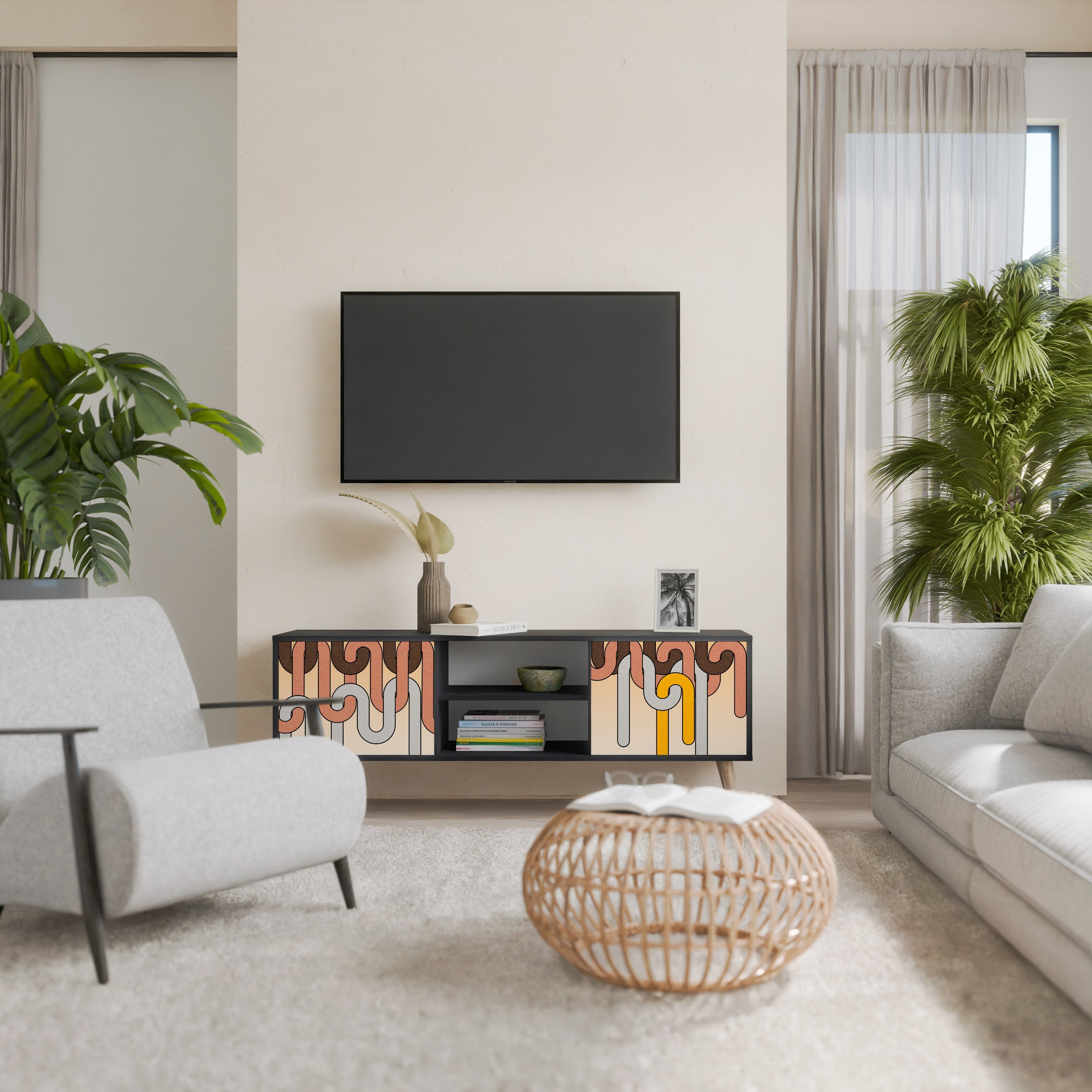 COLORFUL STRINGS 2-Door TV Stand in Black Finish