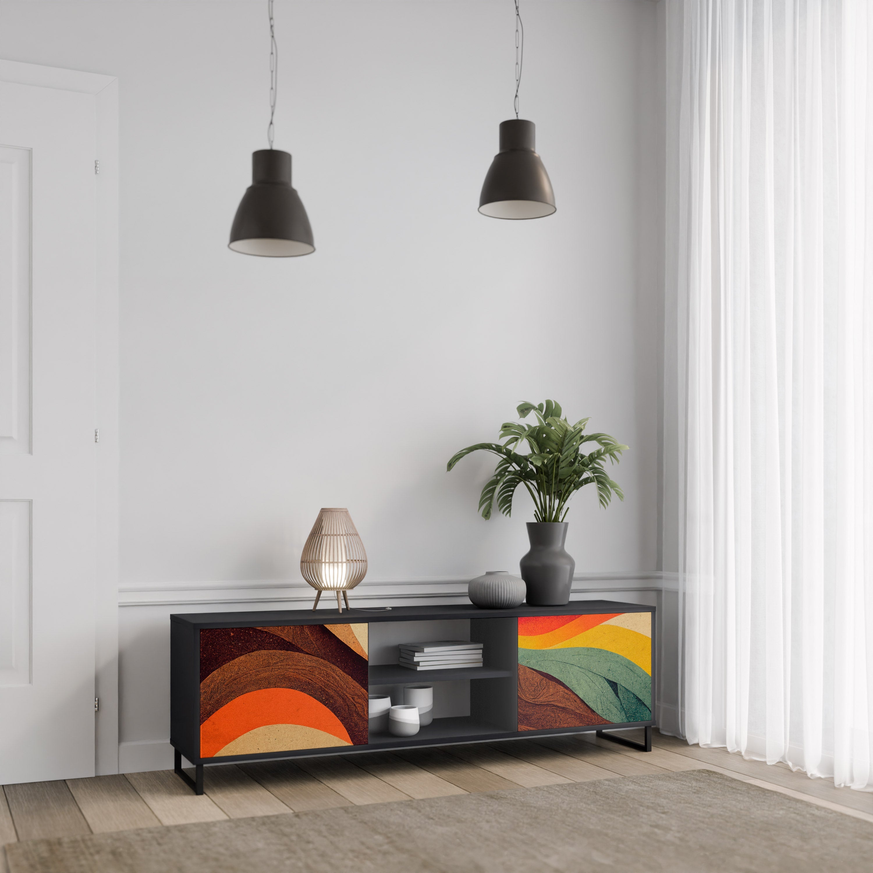 COLORFUL STRANDS 2-Door TV Stand in Black Finish