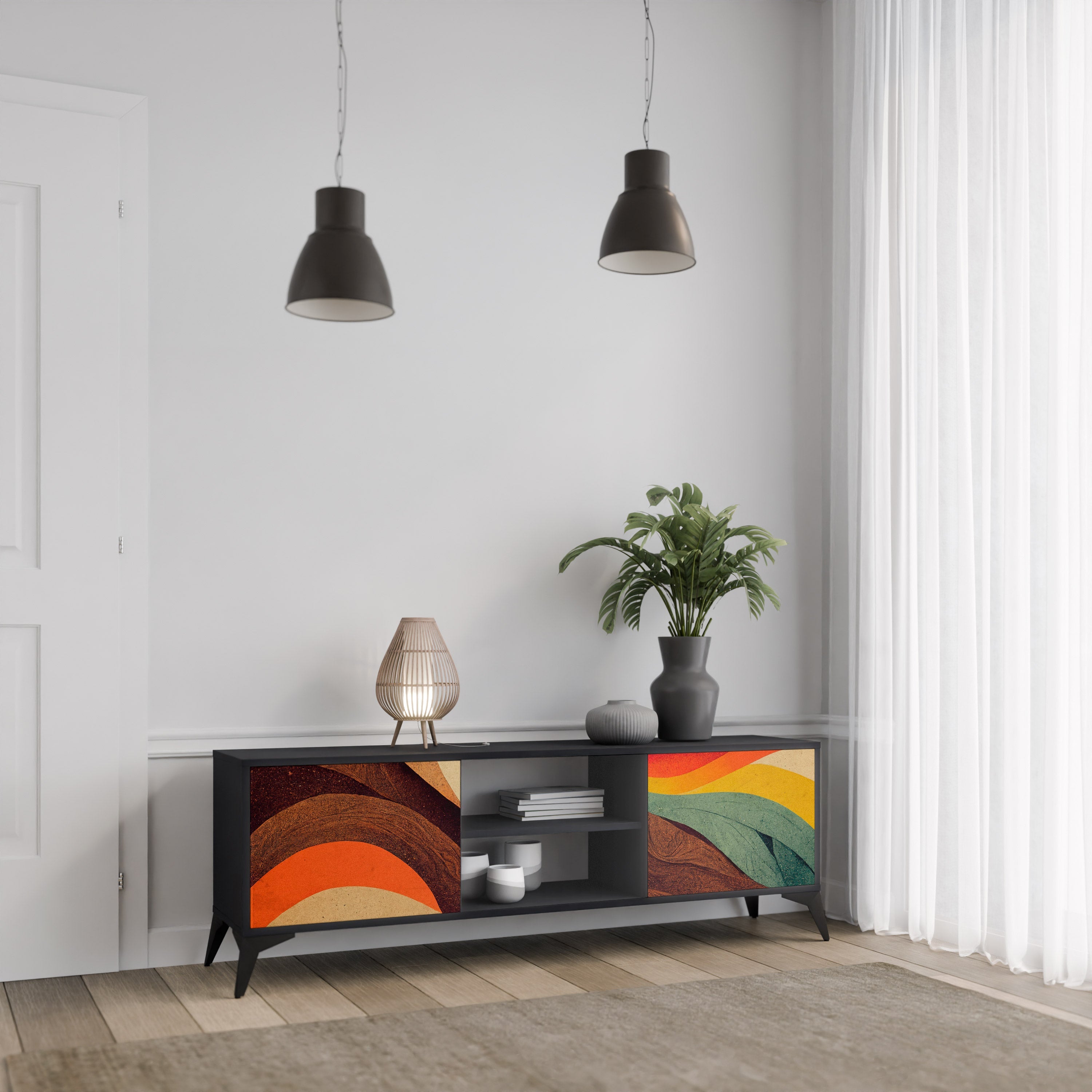 COLORFUL STRANDS 2-Door TV Stand in Black Finish