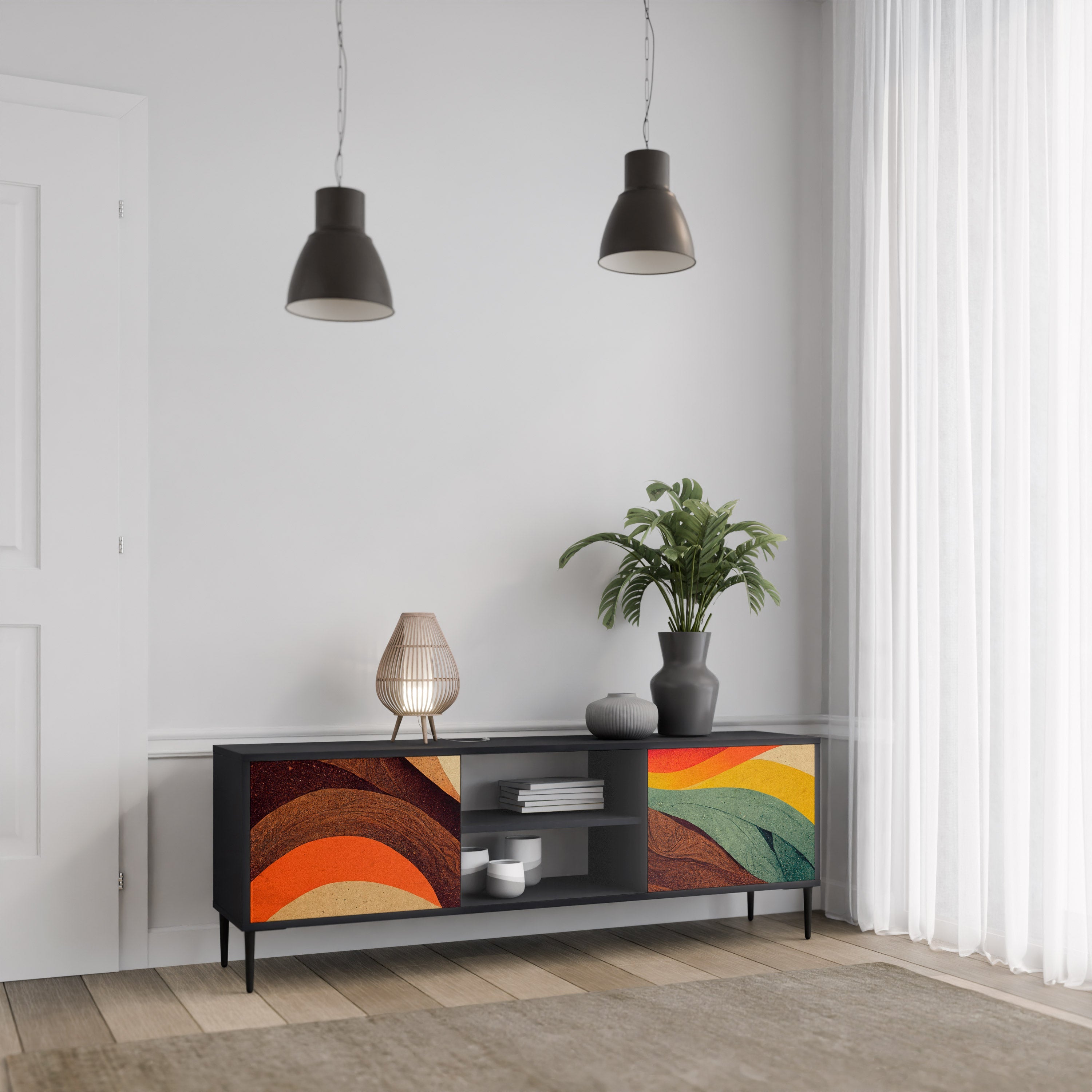 COLORFUL STRANDS 2-Door TV Stand in Black Finish