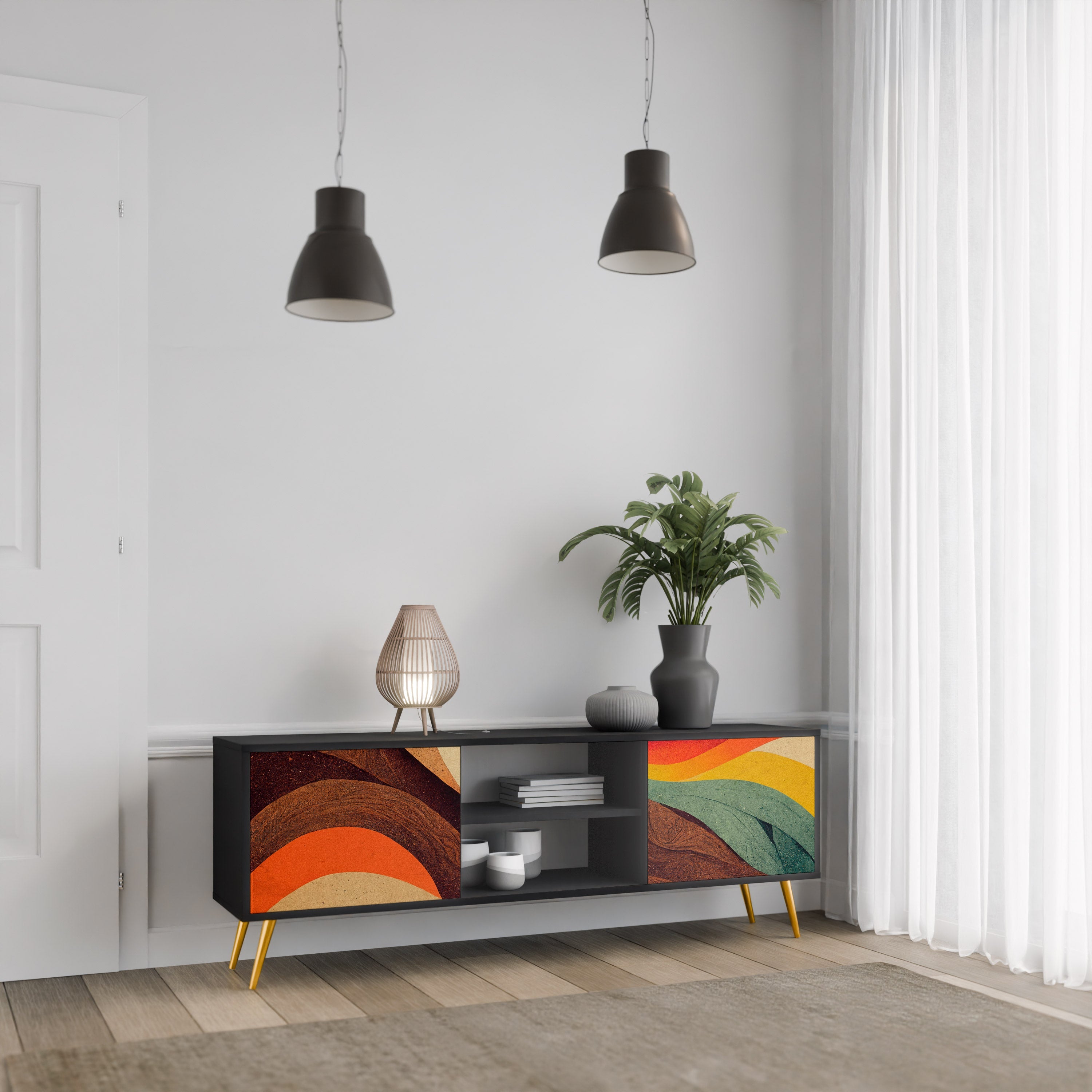 COLORFUL STRANDS 2-Door TV Stand in Black Finish