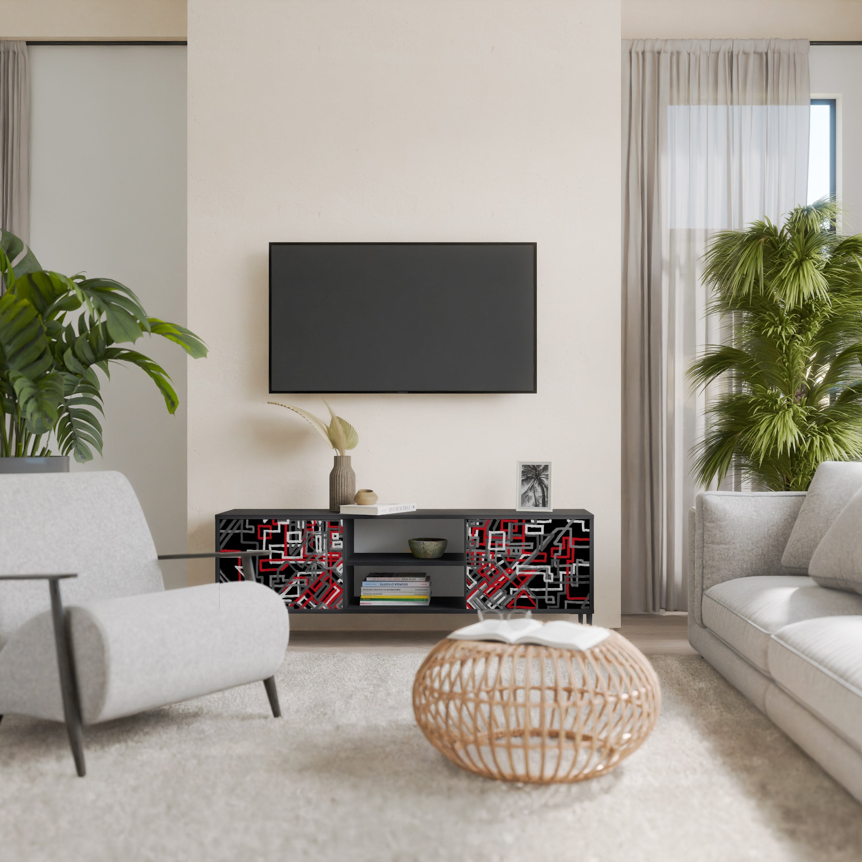 BROKEN LINES 2-Door TV Stand in Black Finish