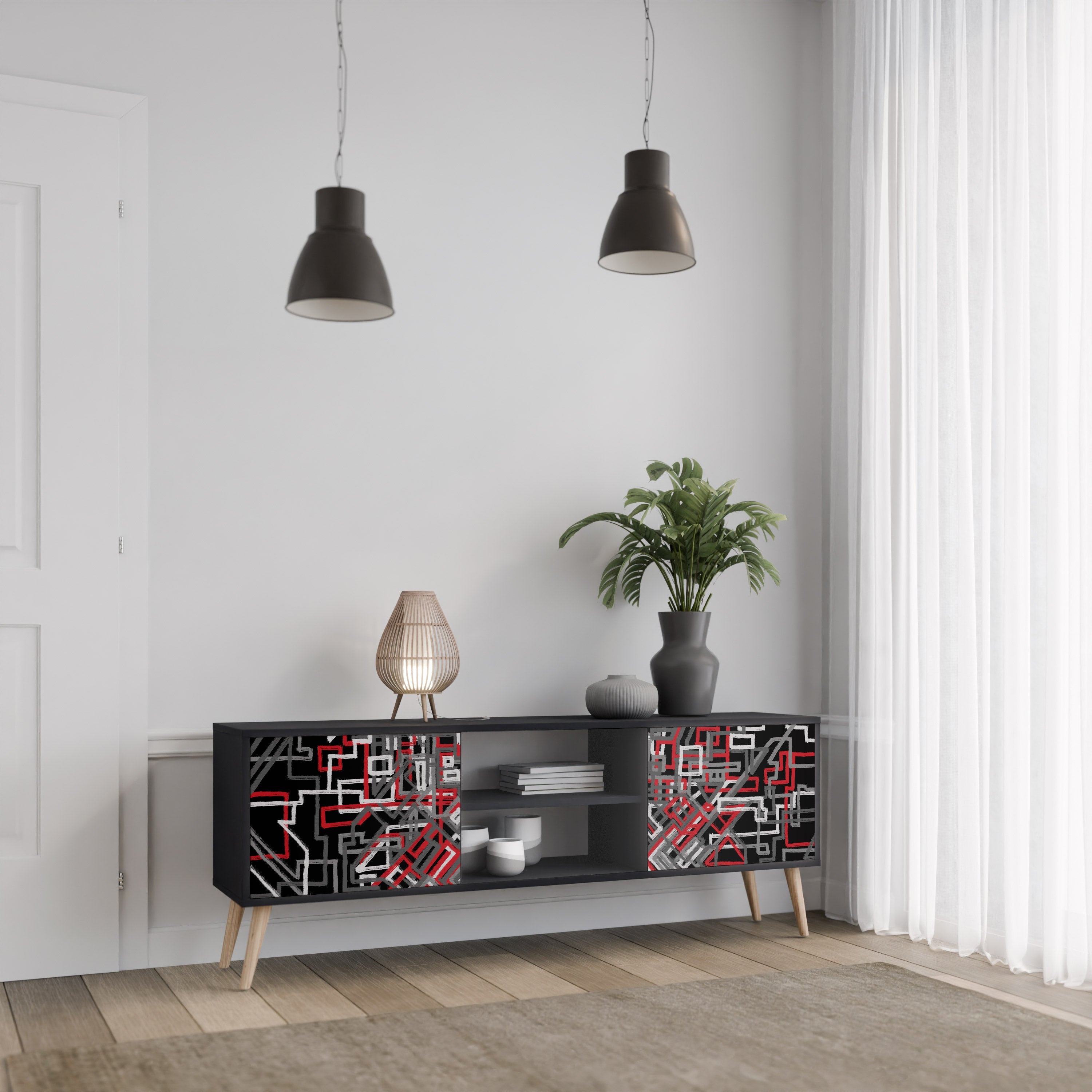 BROKEN LINES 2-Door TV Stand in Black Finish