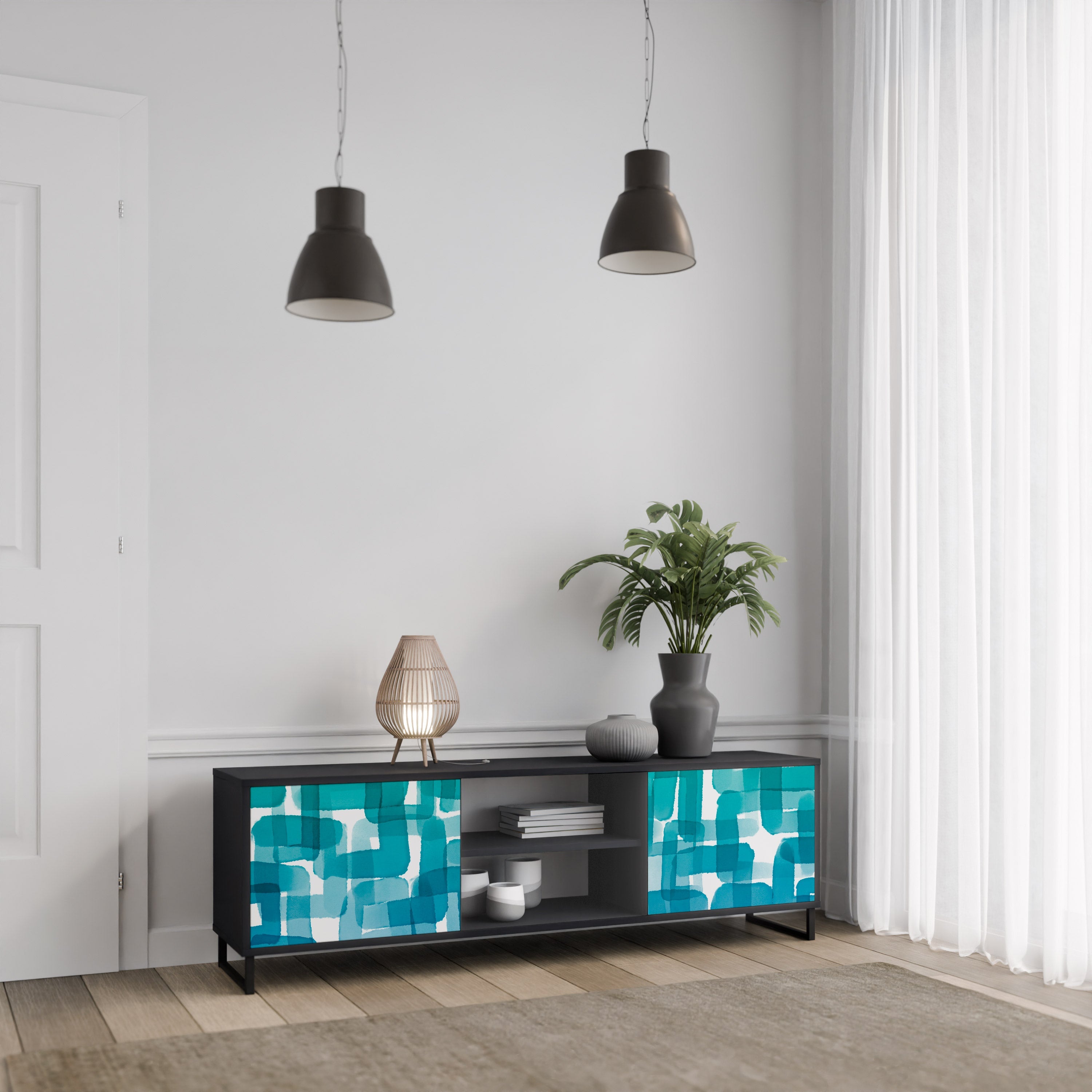 TURQUOISE RECTANGLES 2-Door TV Stand in Black Finish