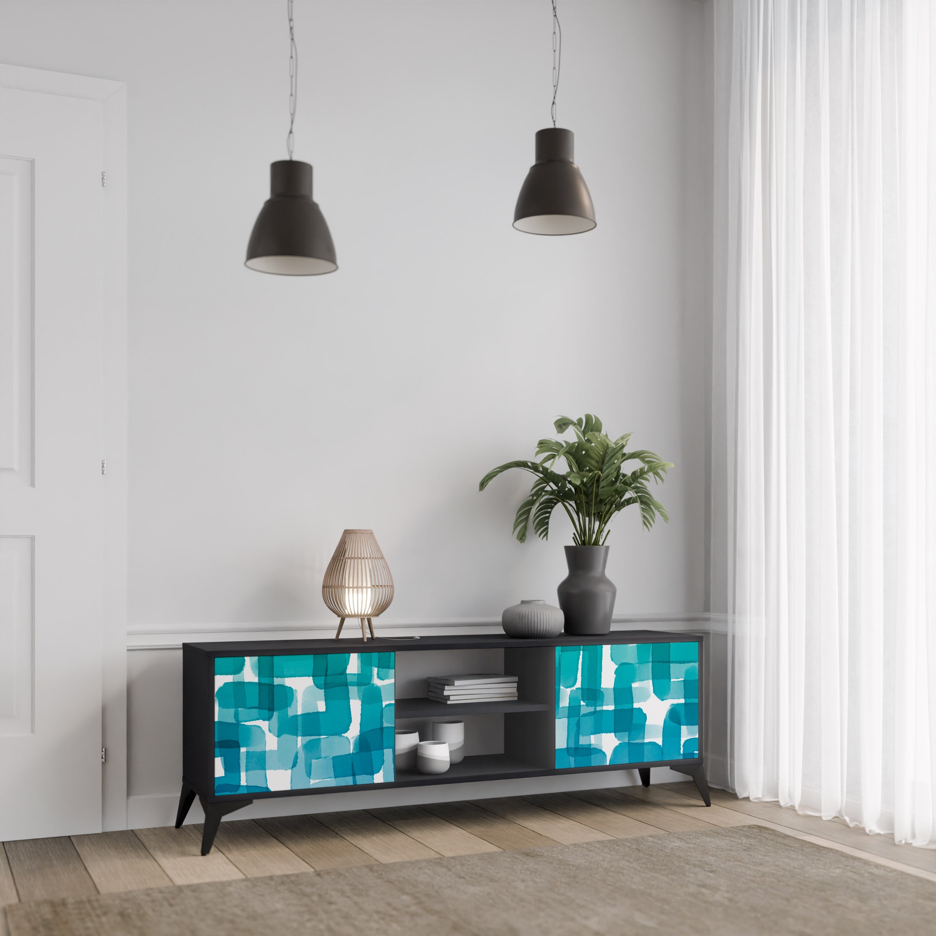 TURQUOISE RECTANGLES 2-Door TV Stand in Black Finish