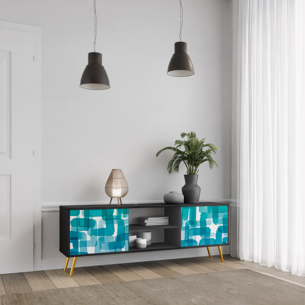 TURQUOISE RECTANGLES 2-Door TV Stand in Black Finish