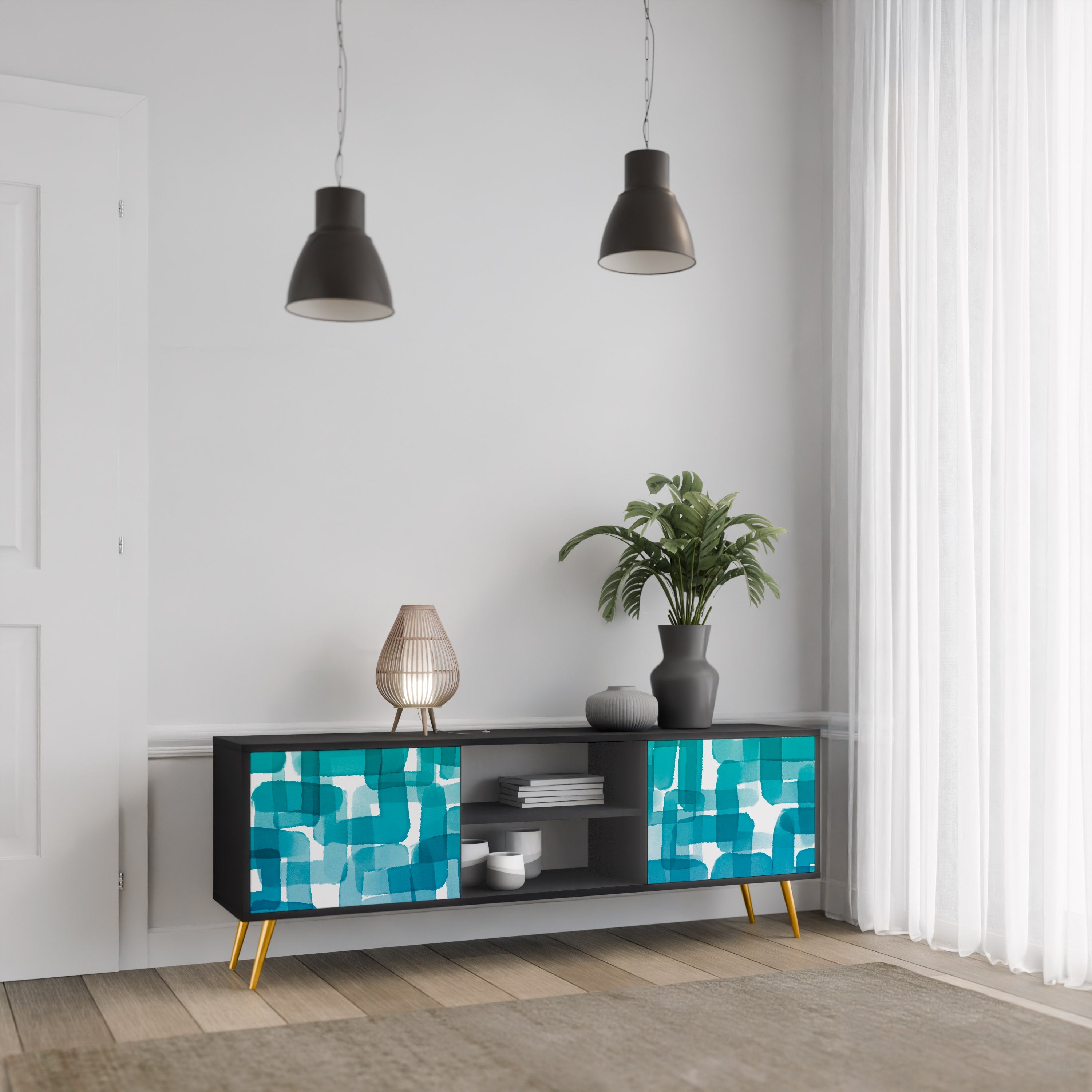 TURQUOISE RECTANGLES 2-Door TV Stand in Black Finish