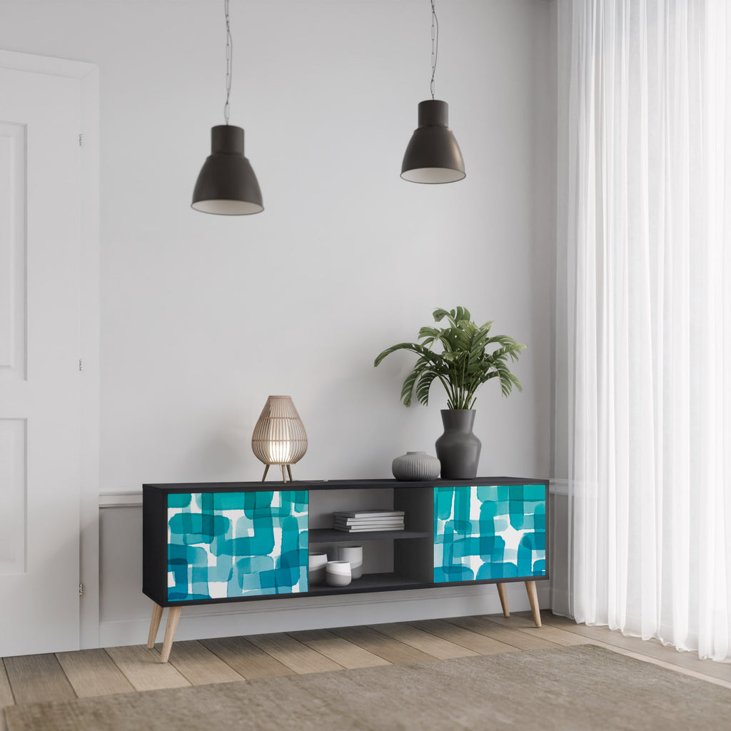 TURQUOISE RECTANGLES 2-Door TV Stand in Black Finish