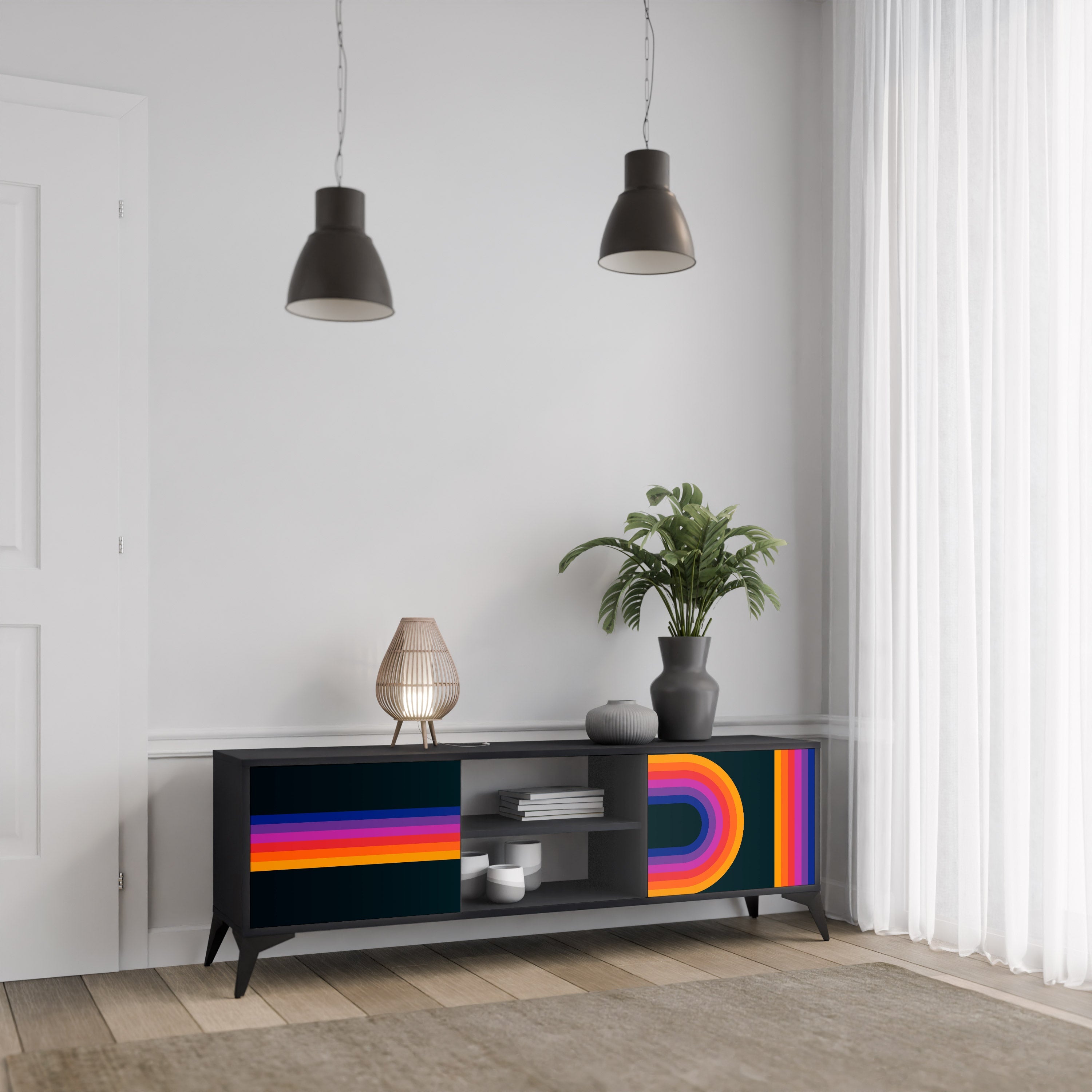 Meuble TV 2 portes BLINDED BY THE LIGHTS, finition noire