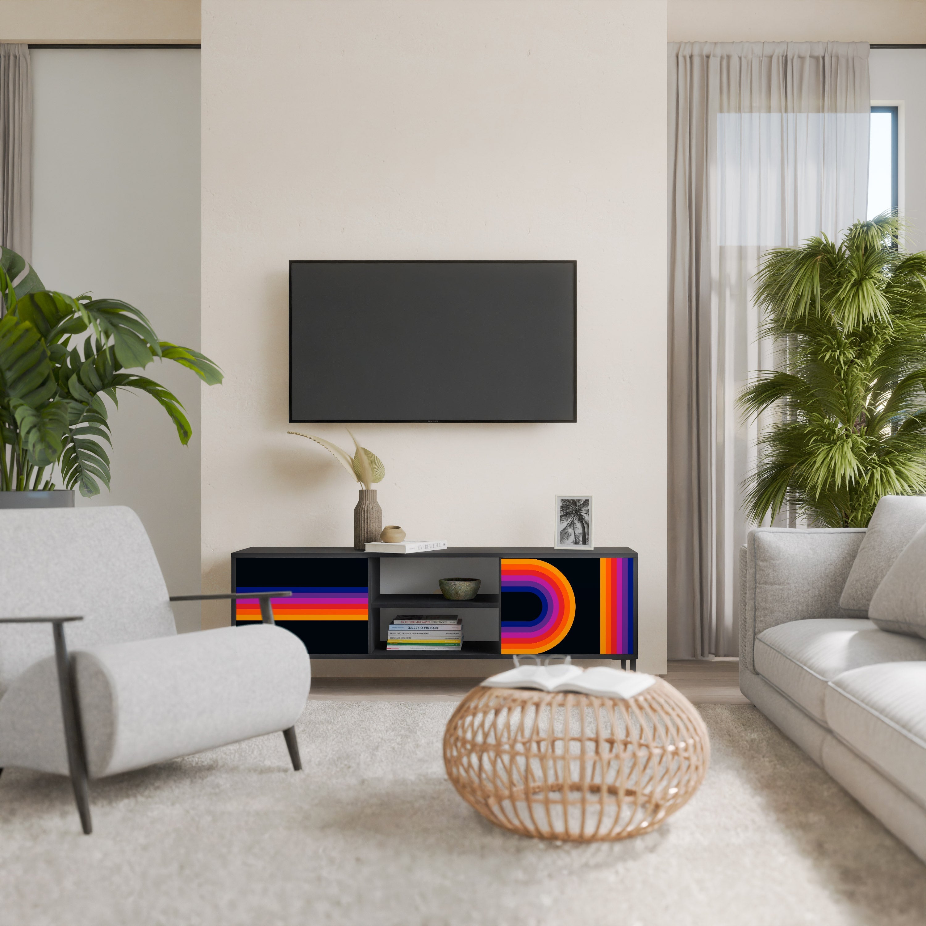 Meuble TV 2 portes BLINDED BY THE LIGHTS, finition noire