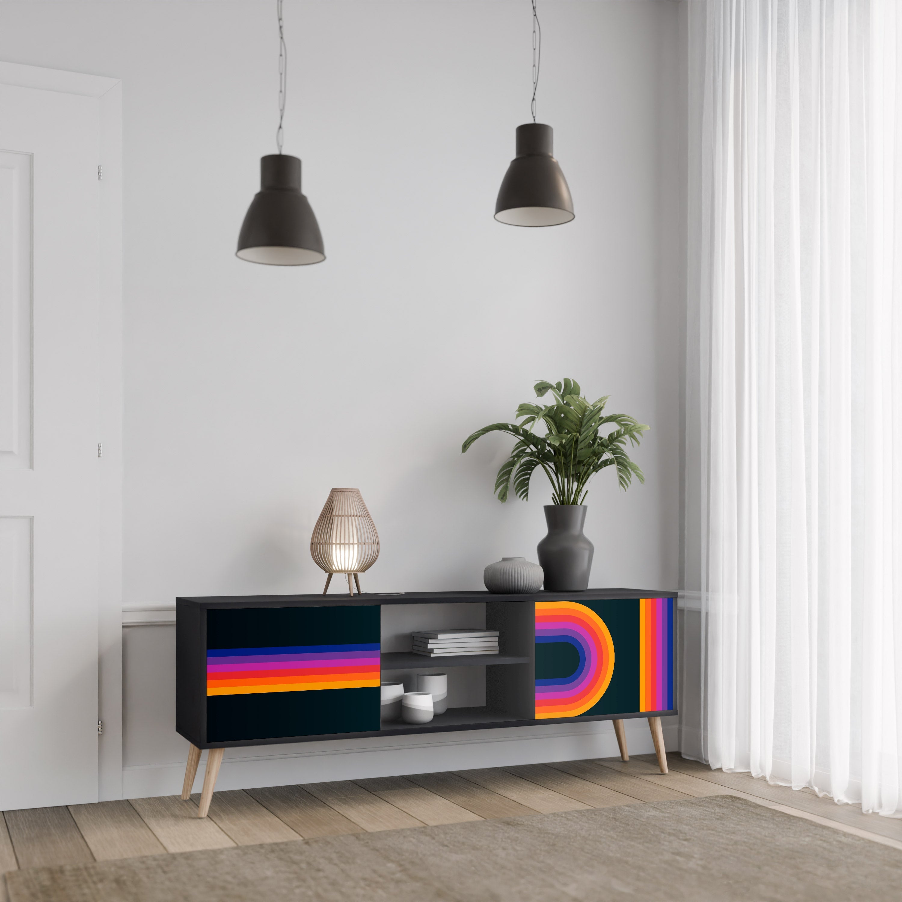 Meuble TV 2 portes BLINDED BY THE LIGHTS, finition noire