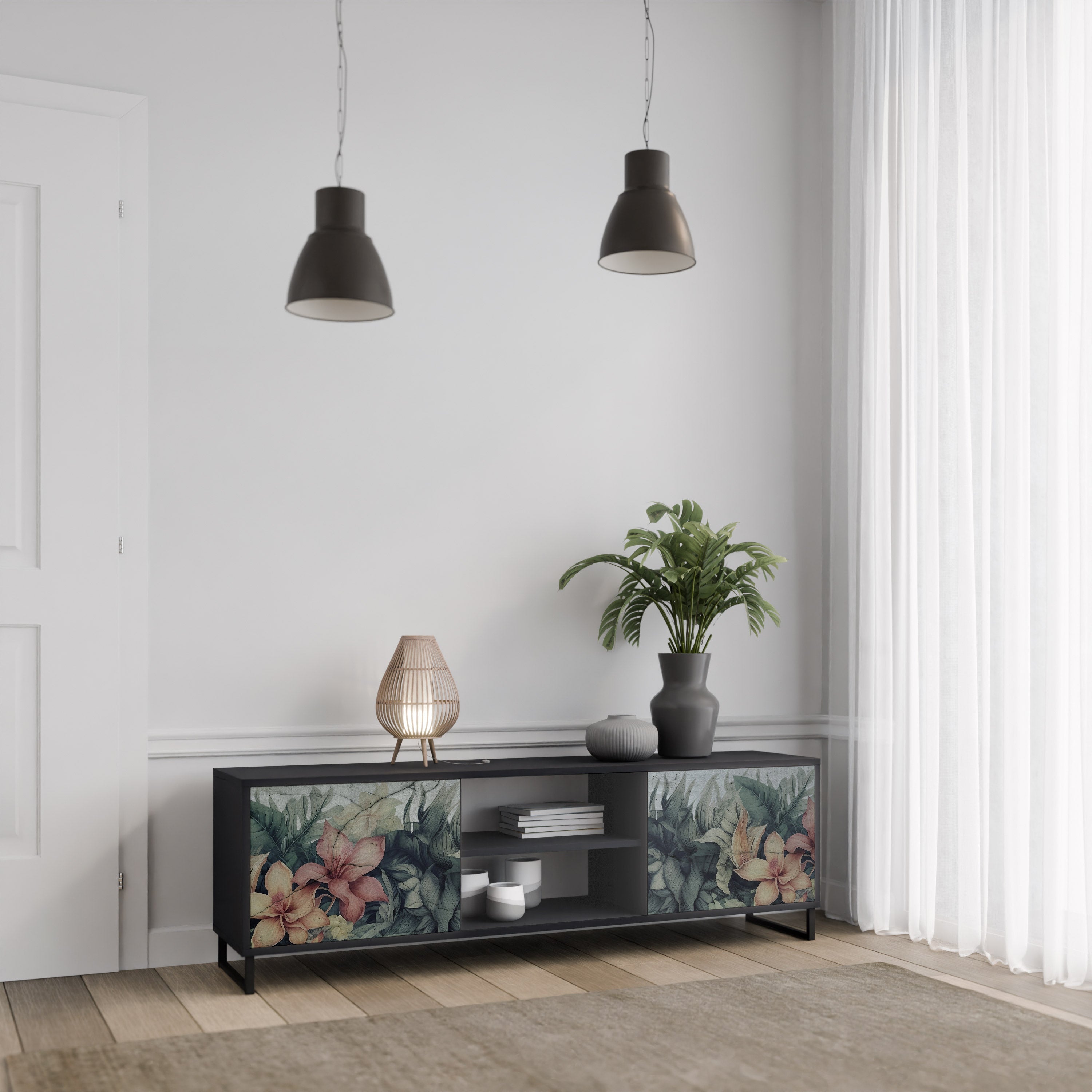 HEAVENLY BLOOM 2-Door TV Stand in Black Finish