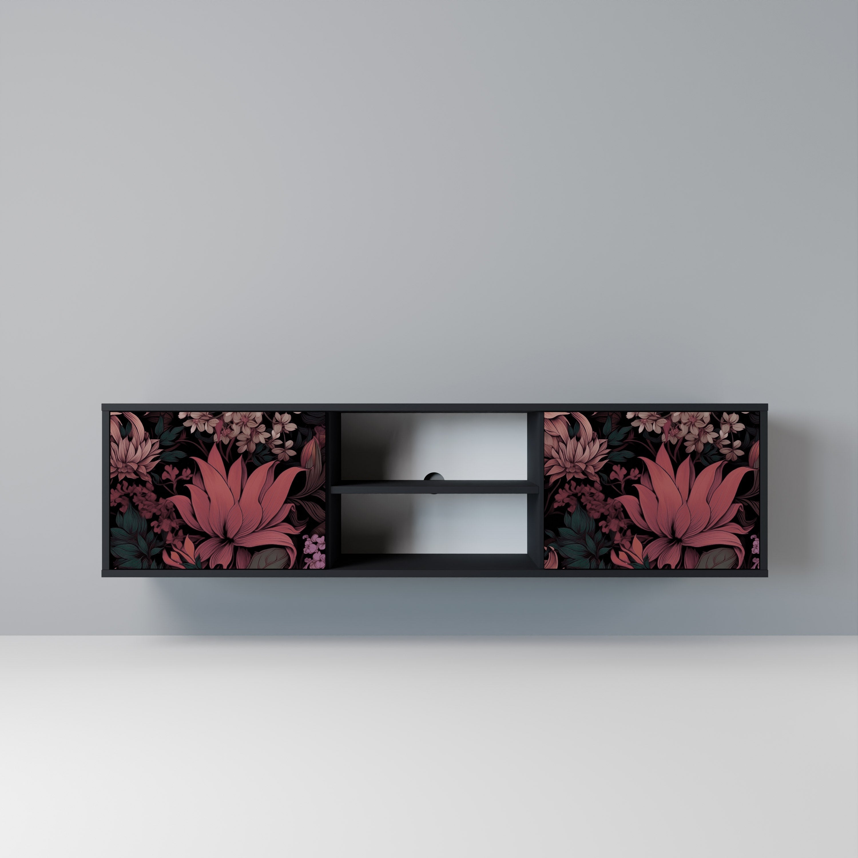 FLORAL WHISPER 2-Door TV Stand in Black Finish