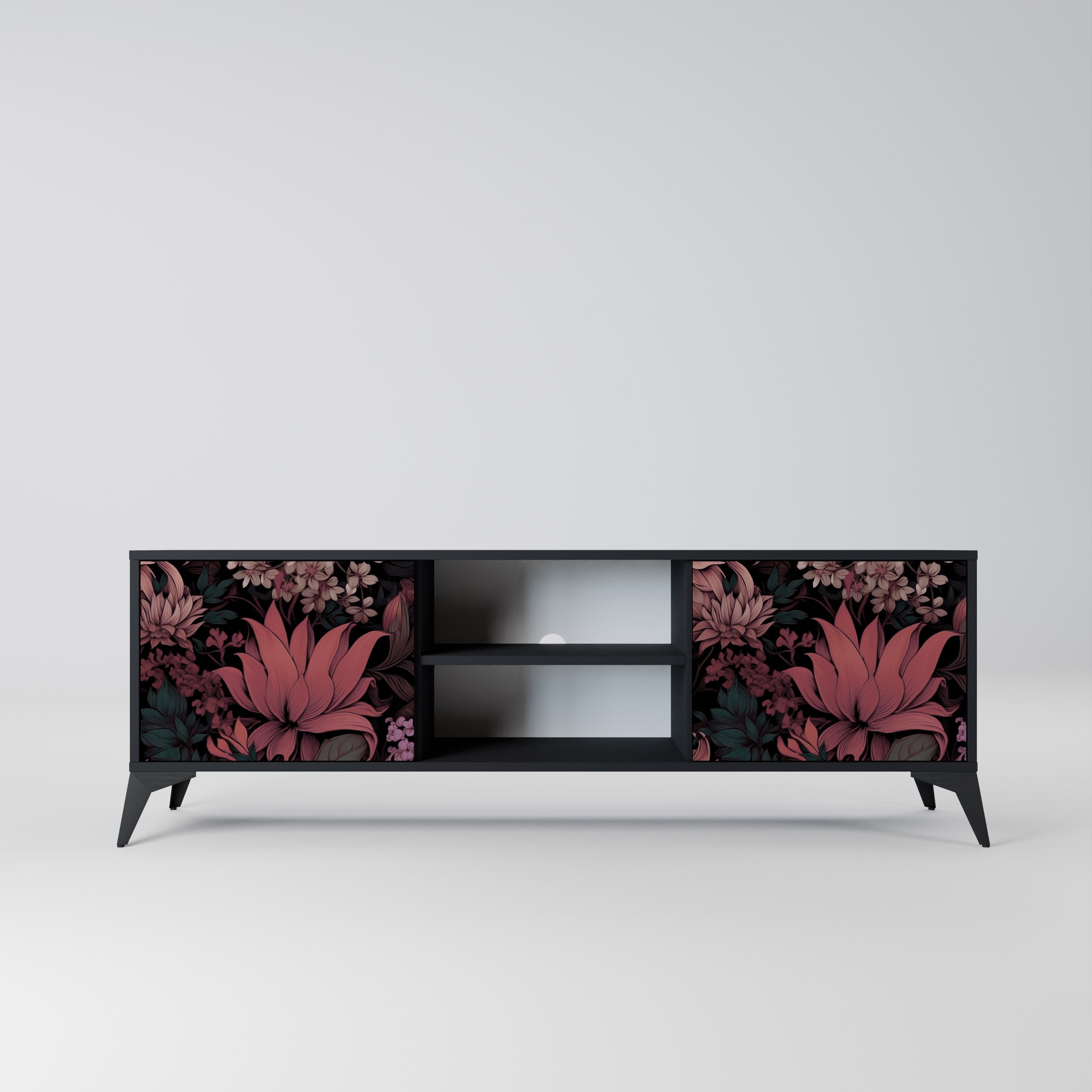 FLORAL WHISPER 2-Door TV Stand in Black Finish