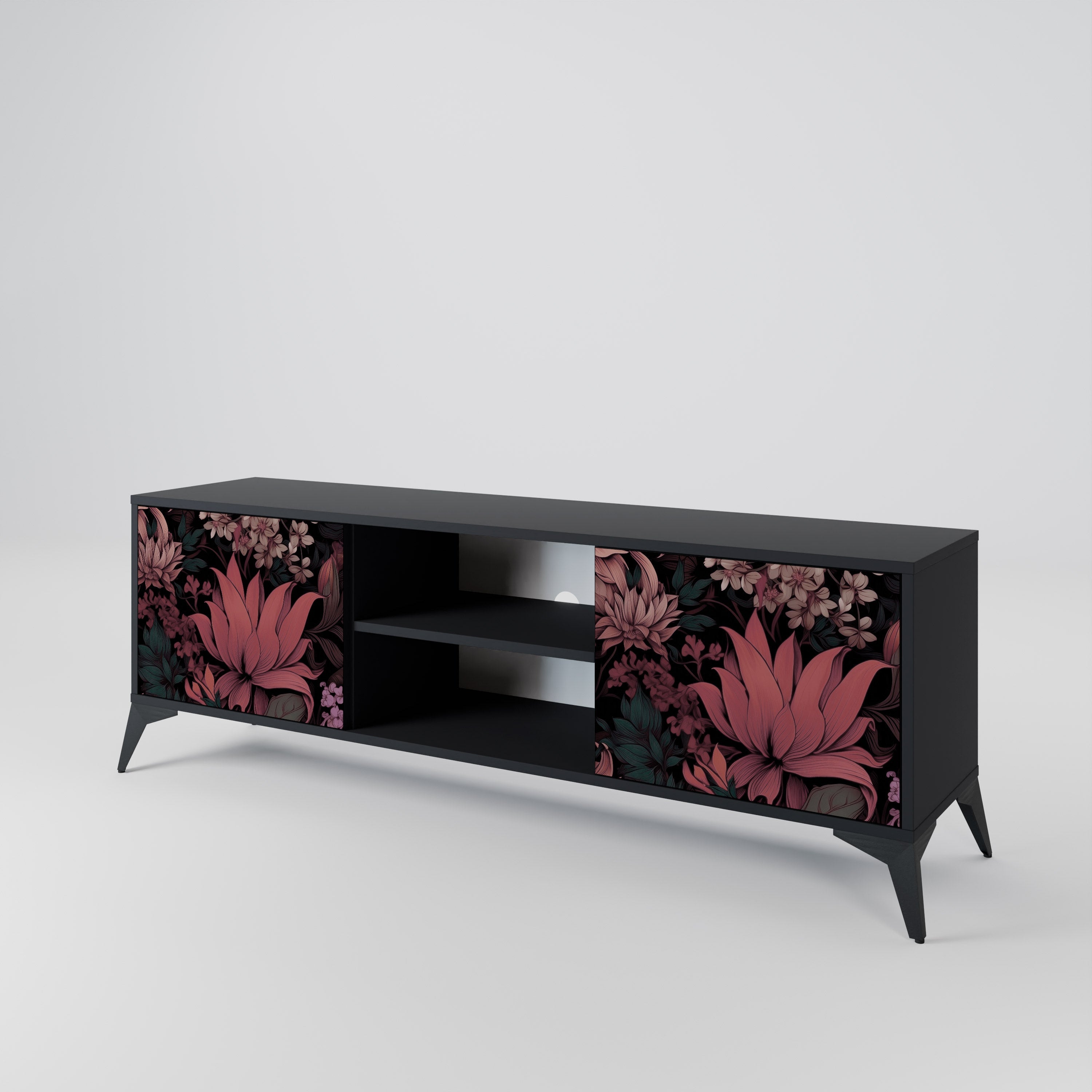 FLORAL WHISPER 2-Door TV Stand in Black Finish