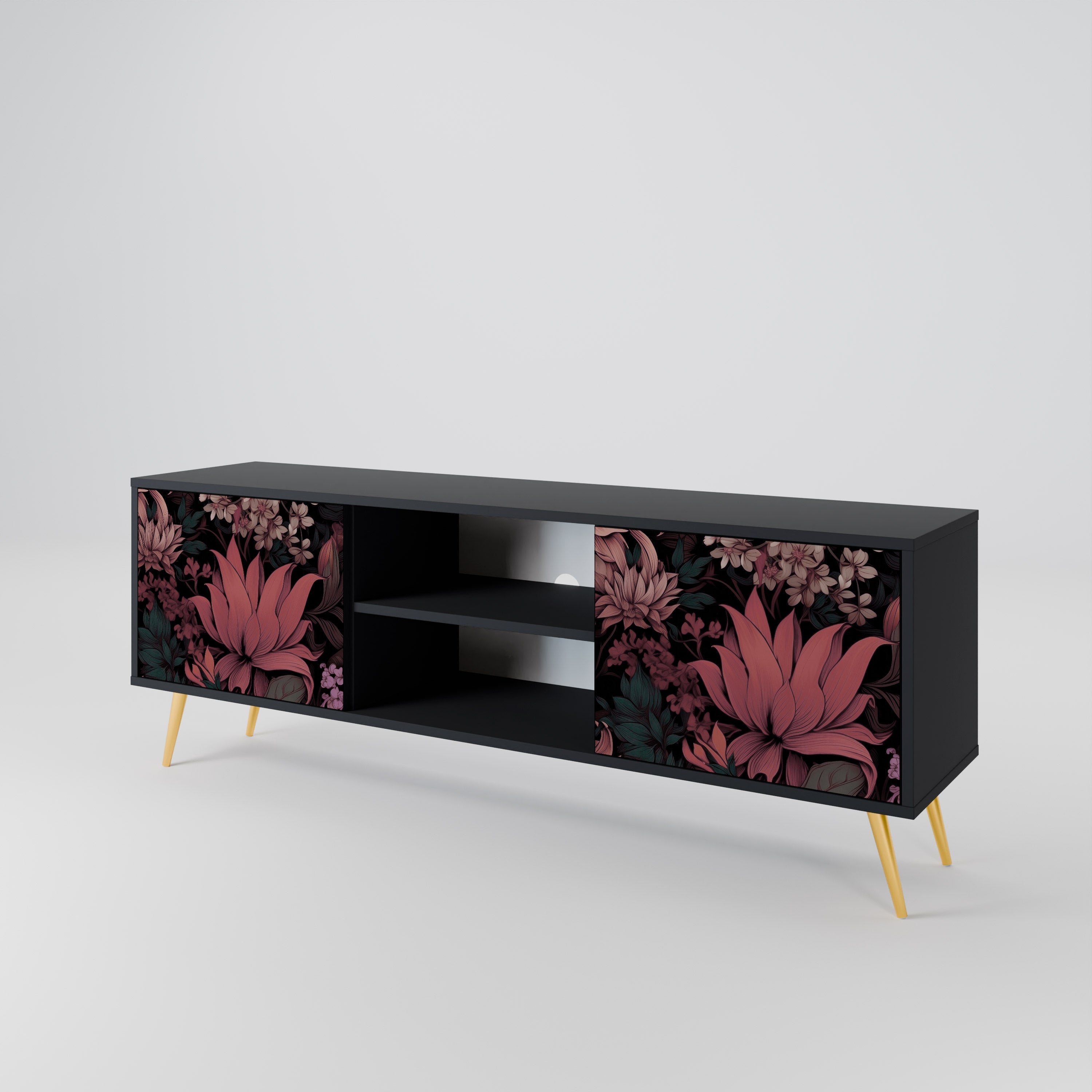 FLORAL WHISPER 2-Door TV Stand in Black Finish