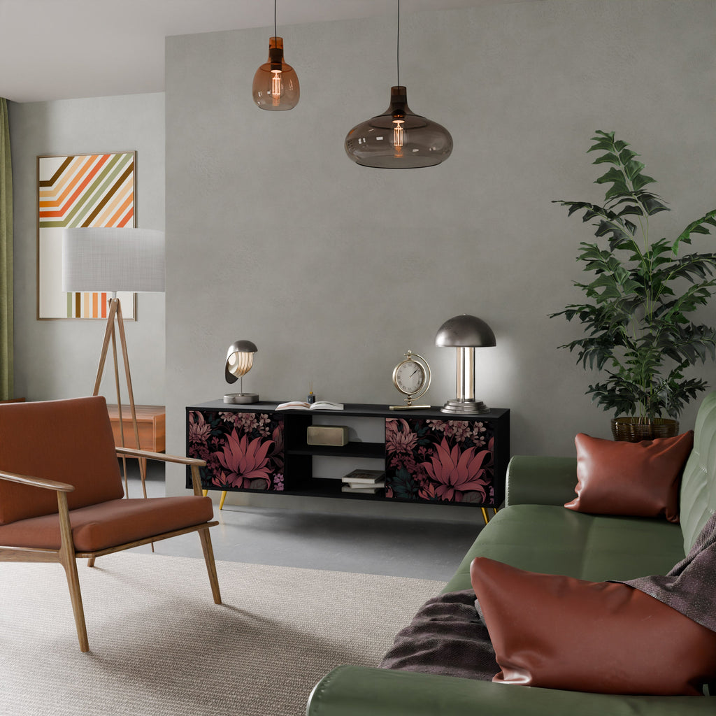 FLORAL WHISPER 2-Door TV Stand in Black Finish