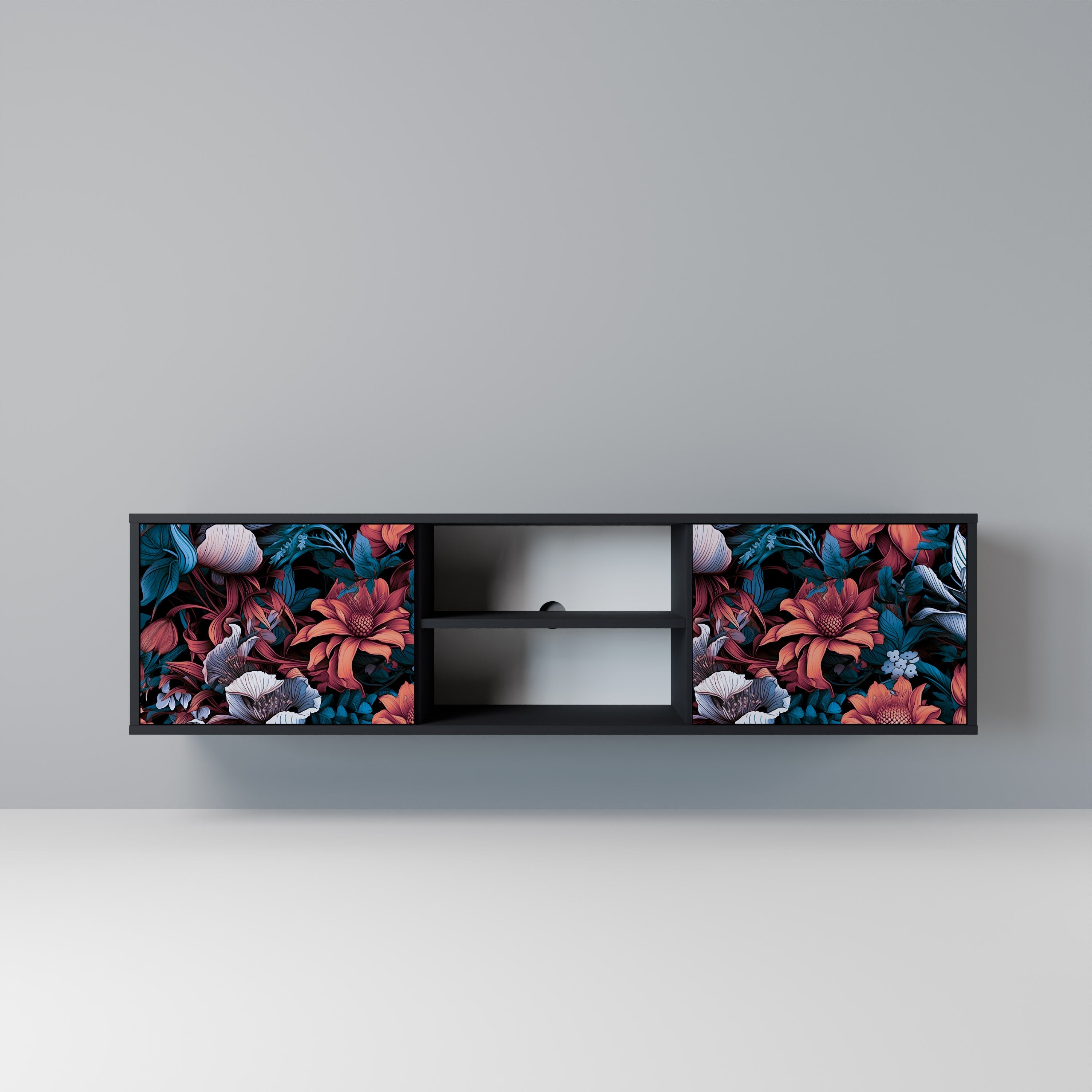 ETHEREAL BLOSSOMS 2-Door TV Stand in Black Finish