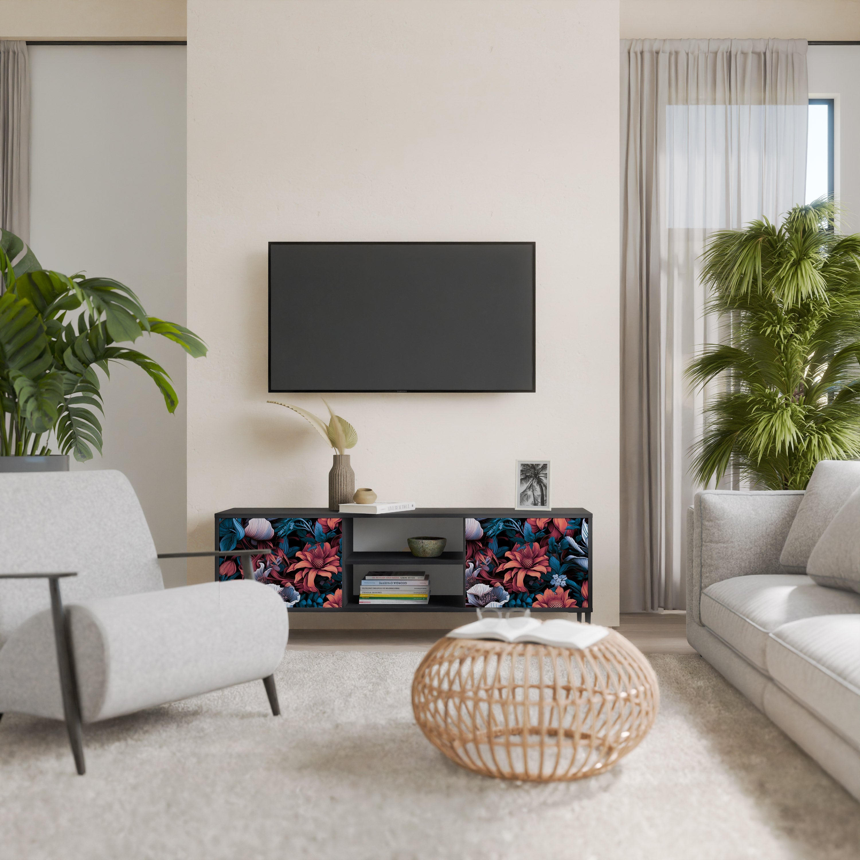 ETHEREAL BLOSSOMS 2-Door TV Stand in Black Finish