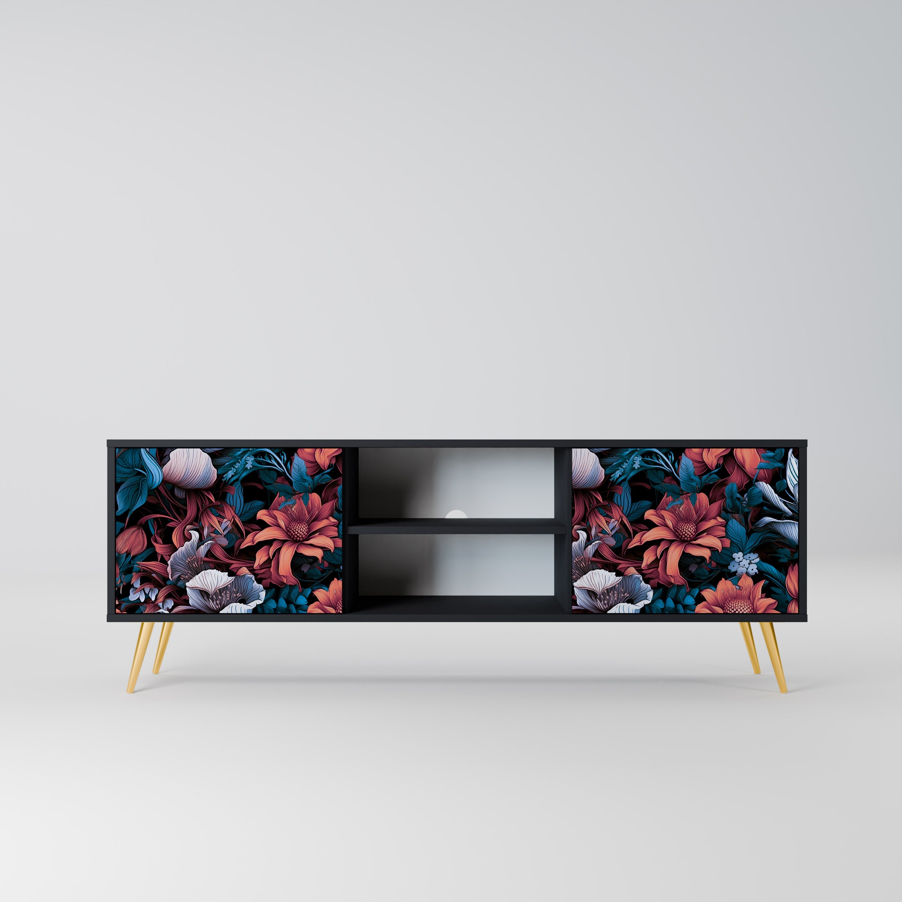 ETHEREAL BLOSSOMS 2-Door TV Stand in Black Finish