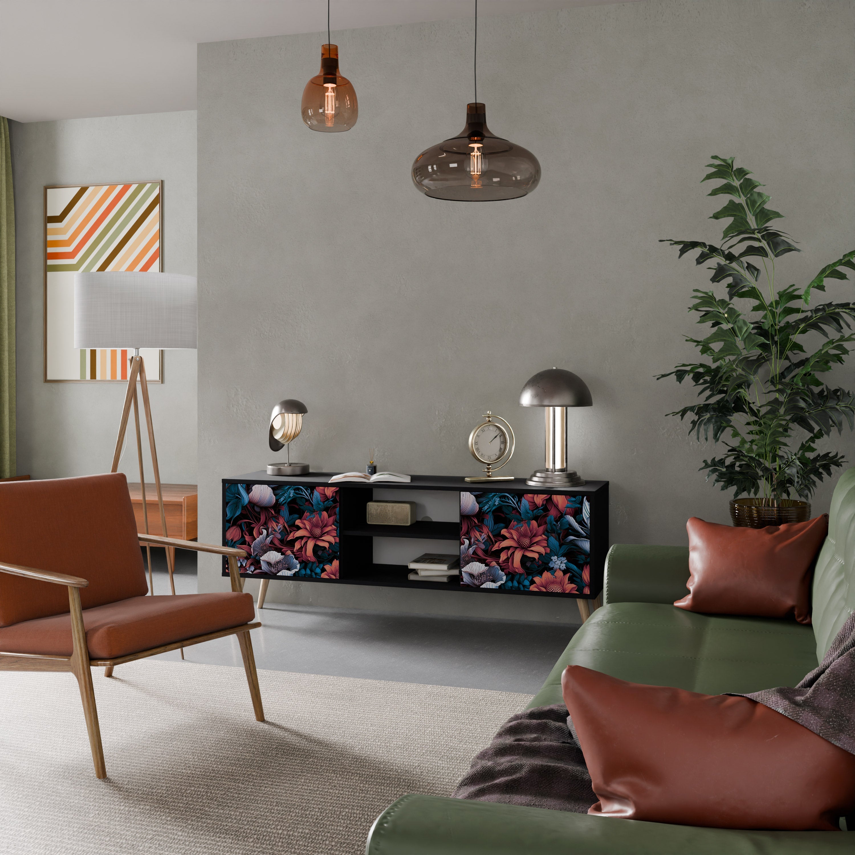 ETHEREAL BLOSSOMS 2-Door TV Stand in Black Finish