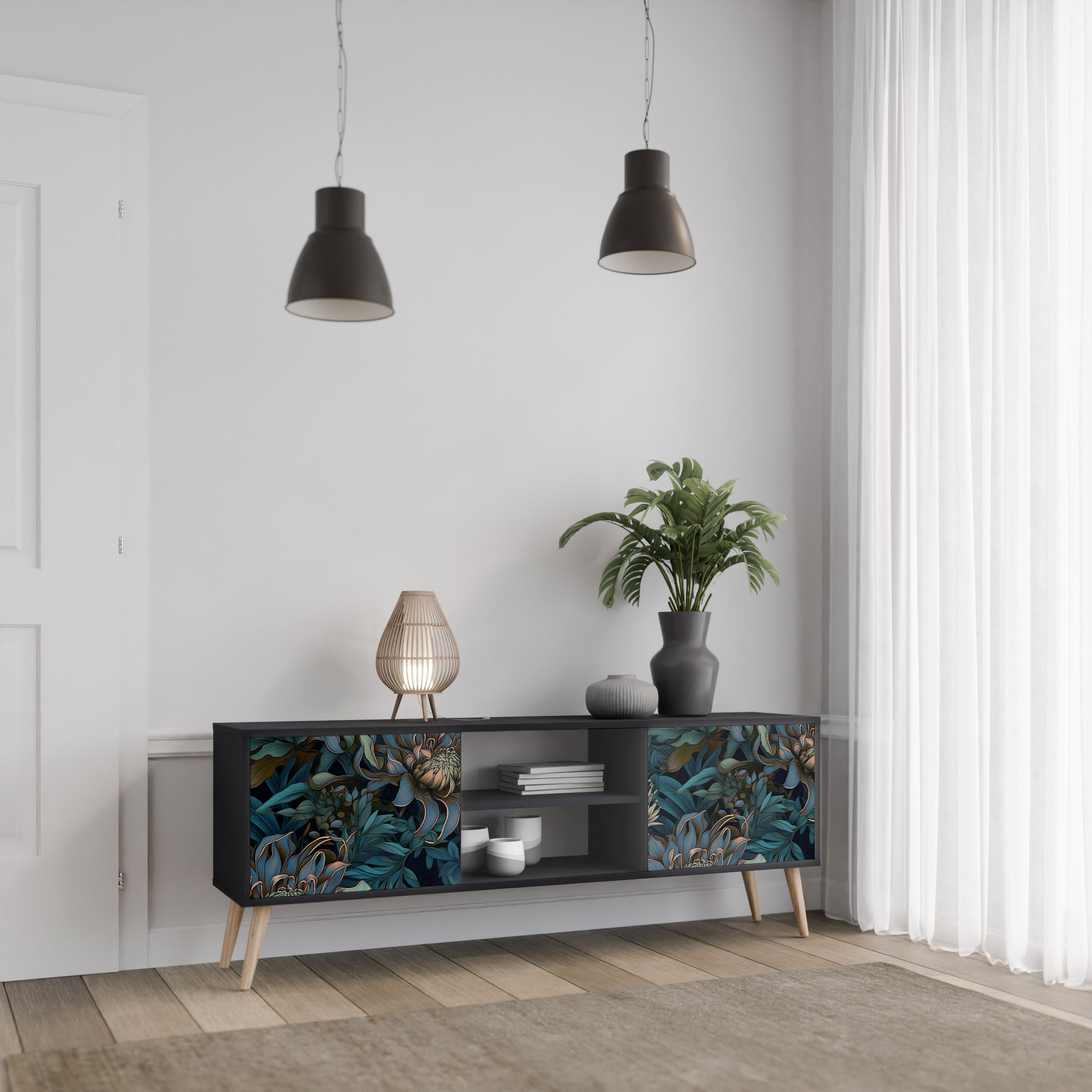 TWILIGHT BLOOM 2-Door TV Stand in Black Finish