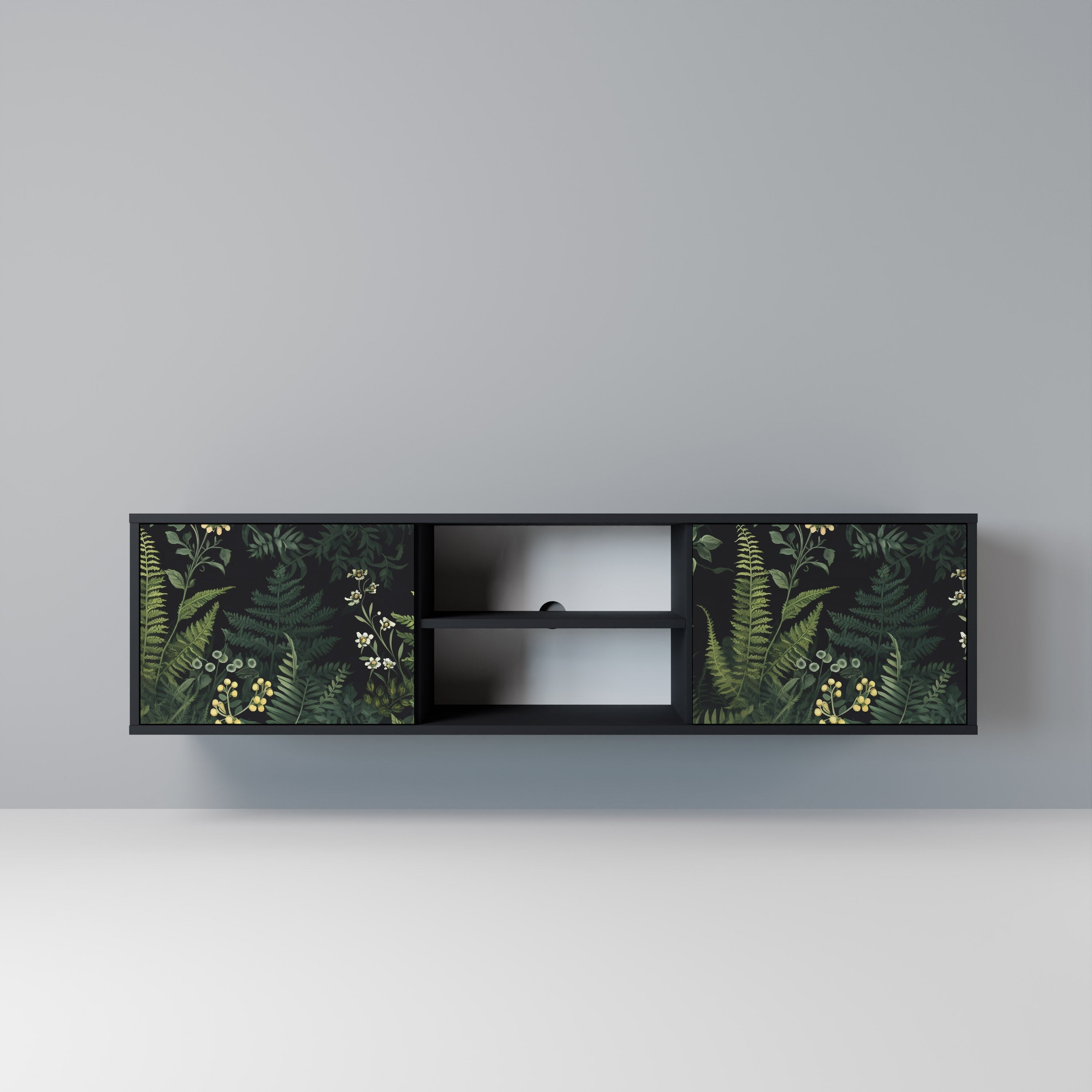 FERN FLOWERS 2-Door TV Stand in Black Finish
