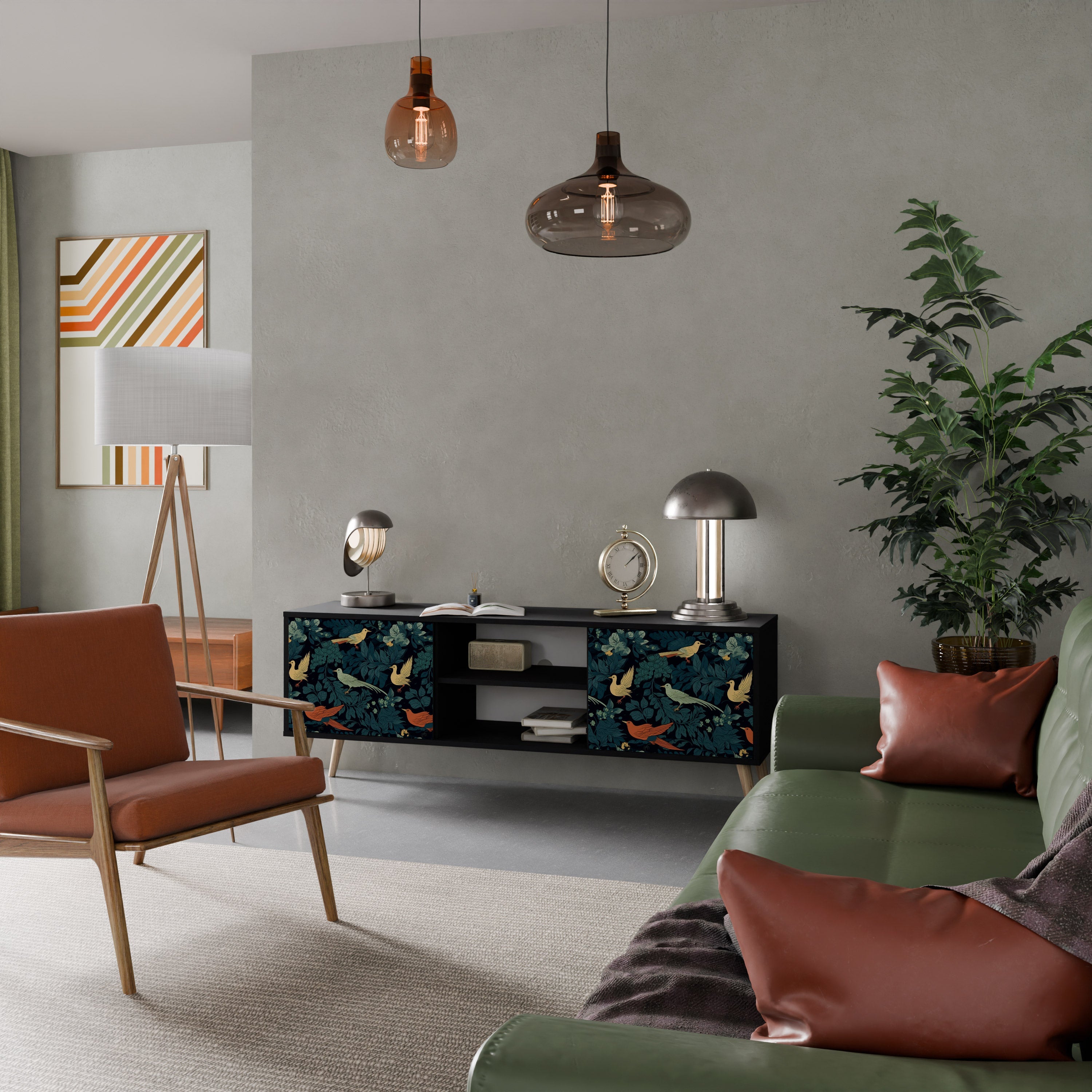 FOWL ORNAMENT 2-Door TV Stand in Black Finish