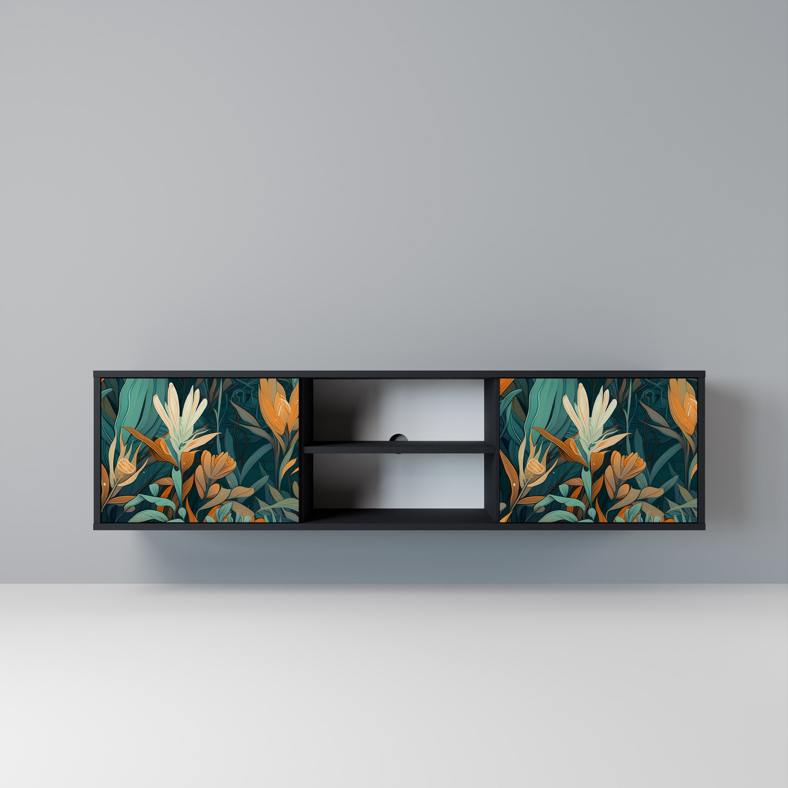 FLORAL SERENITY 2-Door TV Stand in Black Finish
