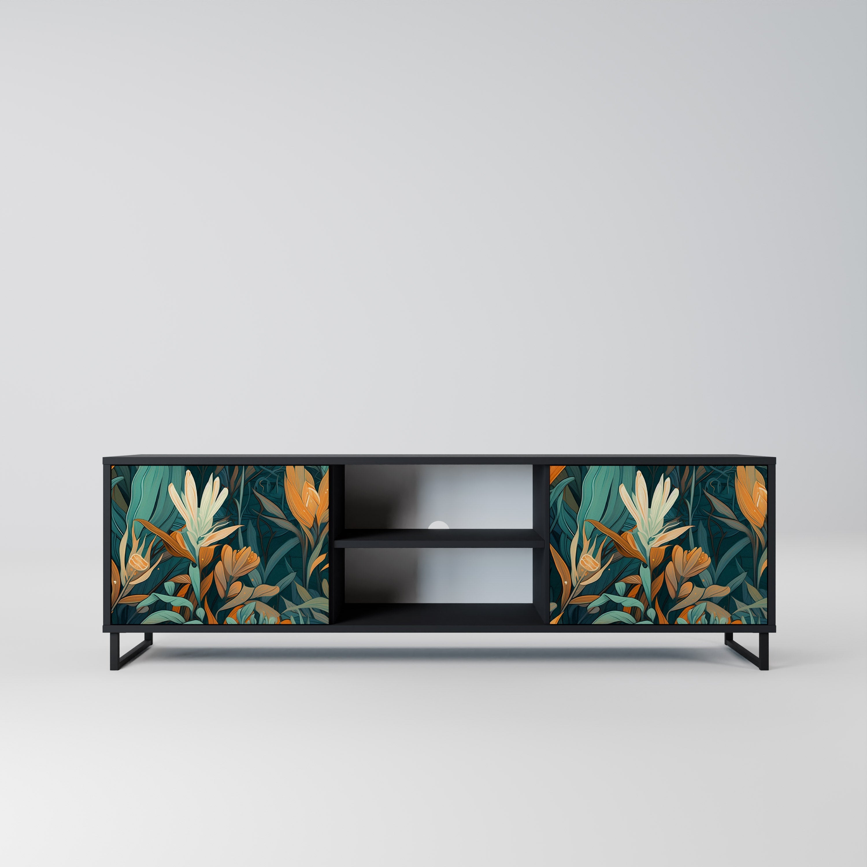 FLORAL SERENITY 2-Door TV Stand in Black Finish