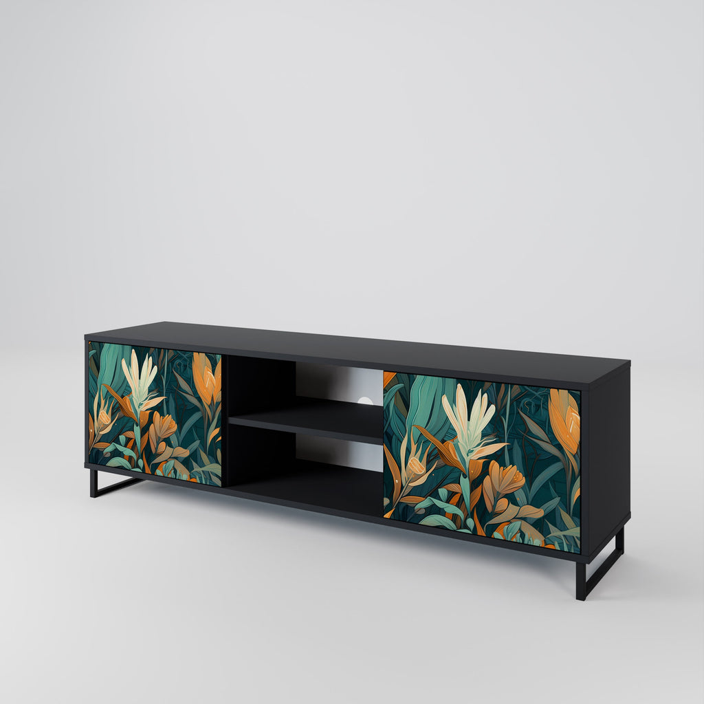 FLORAL SERENITY 2-Door TV Stand in Black Finish