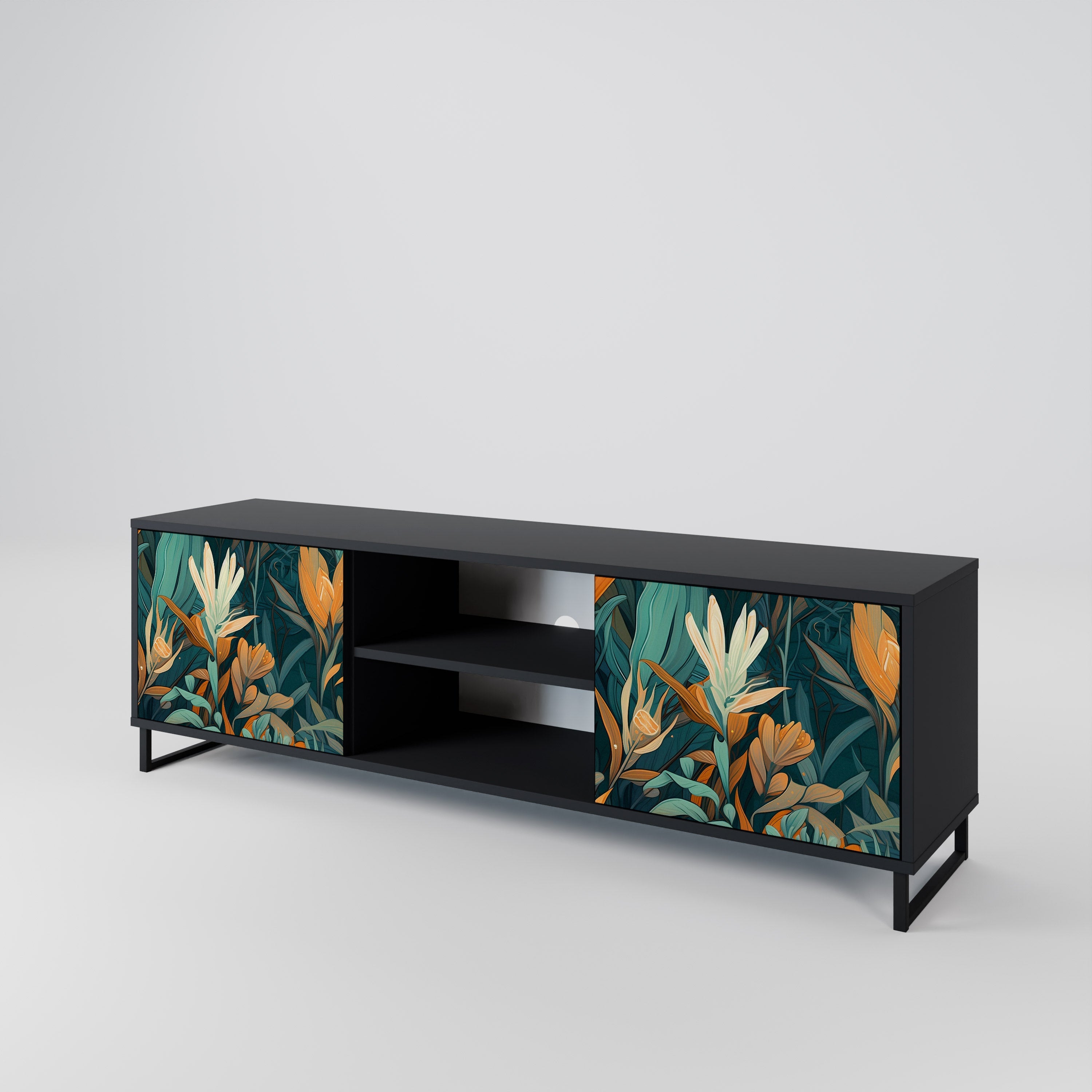 FLORAL SERENITY 2-Door TV Stand in Black Finish