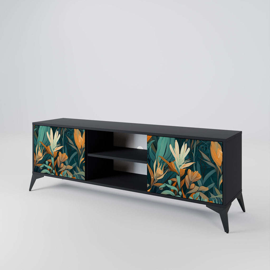 FLORAL SERENITY 2-Door TV Stand in Black Finish