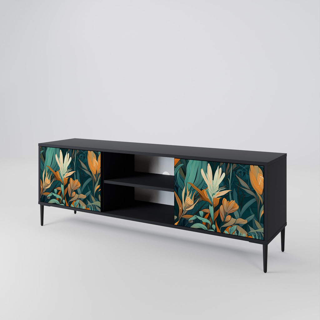 FLORAL SERENITY 2-Door TV Stand in Black Finish