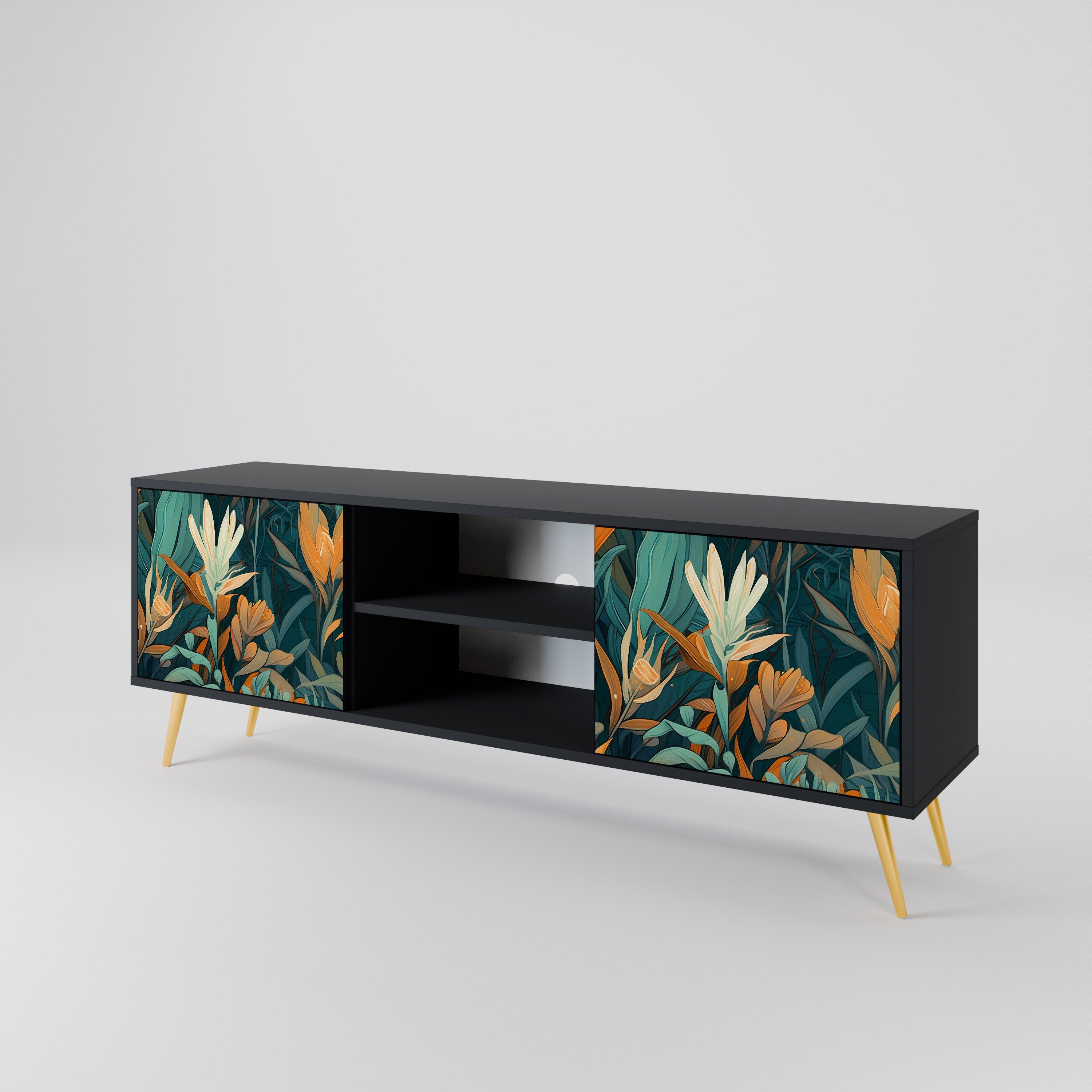 FLORAL SERENITY 2-Door TV Stand in Black Finish