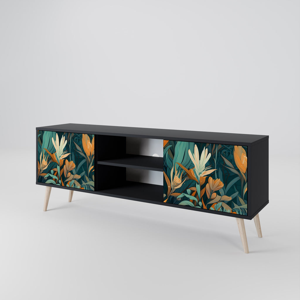 FLORAL SERENITY 2-Door TV Stand in Black Finish