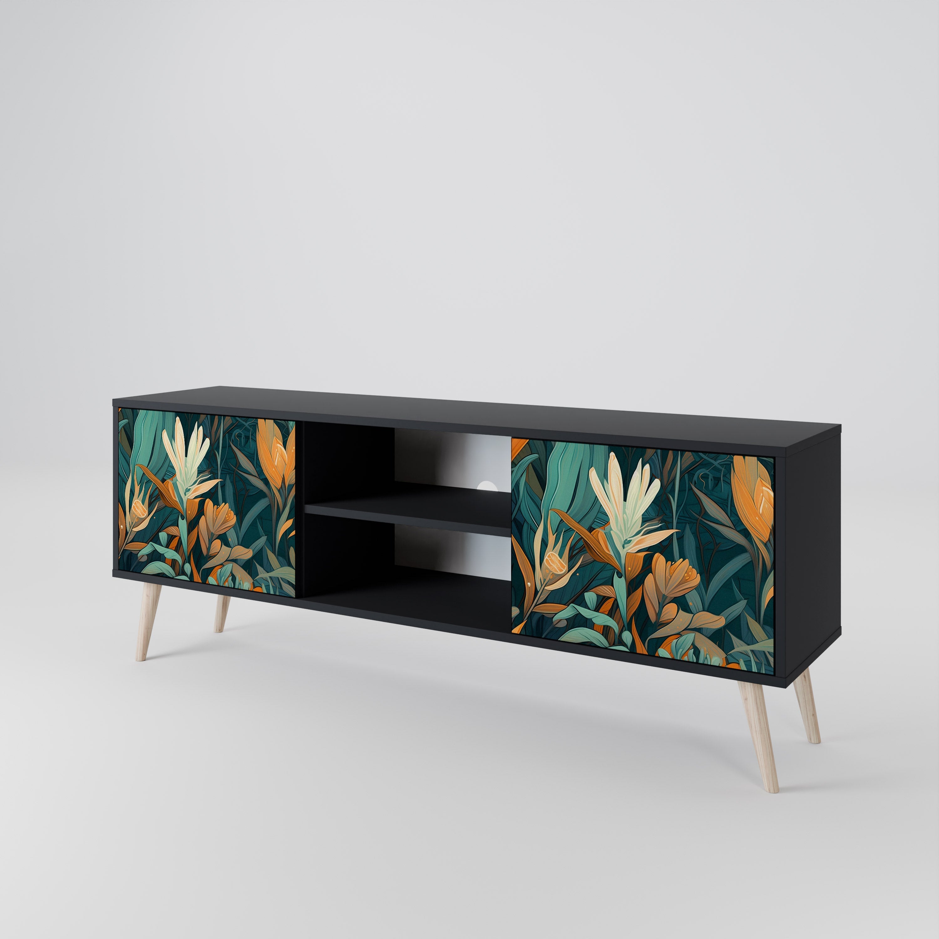 FLORAL SERENITY 2-Door TV Stand in Black Finish