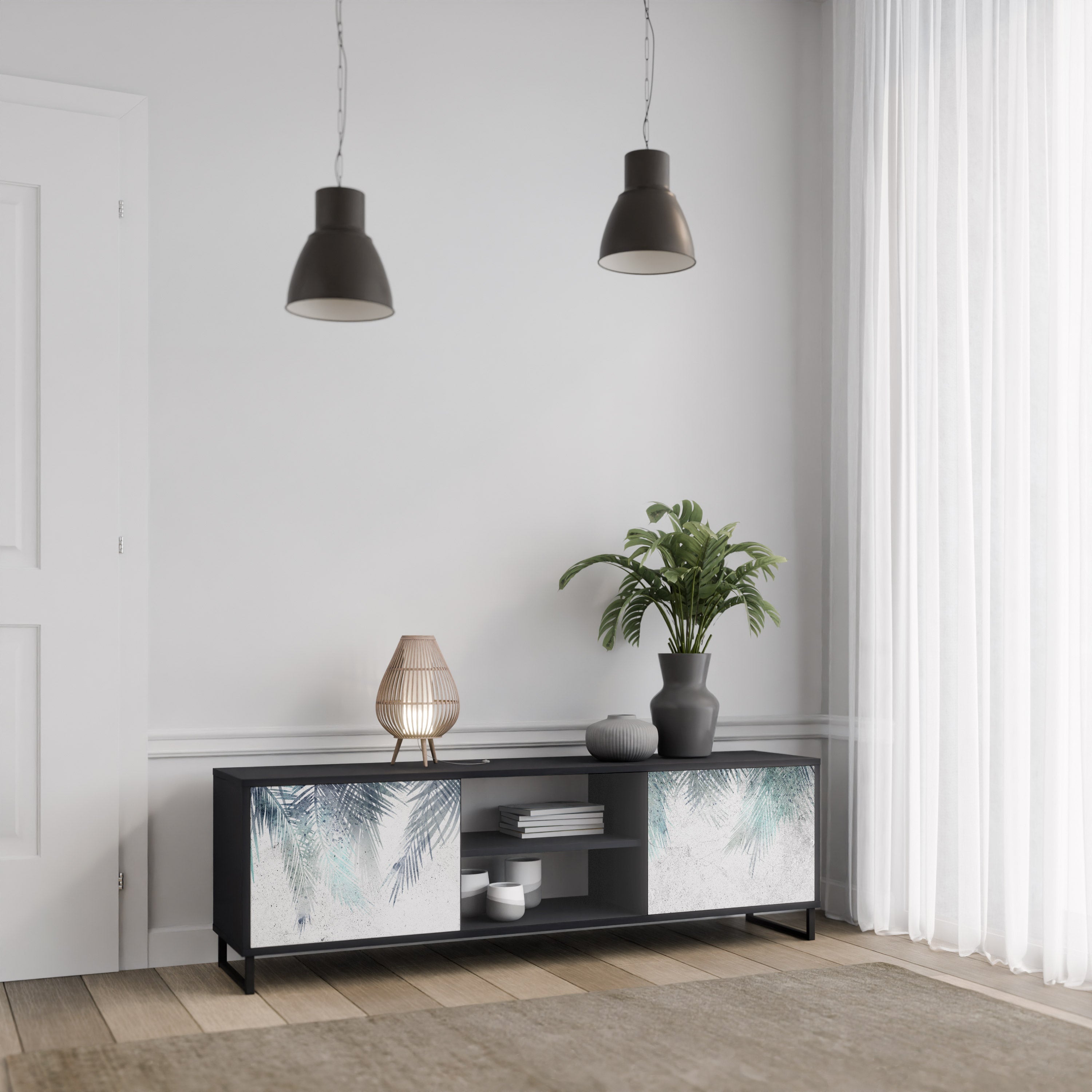 PALM VEIL 2-Door TV Stand in Black Finish