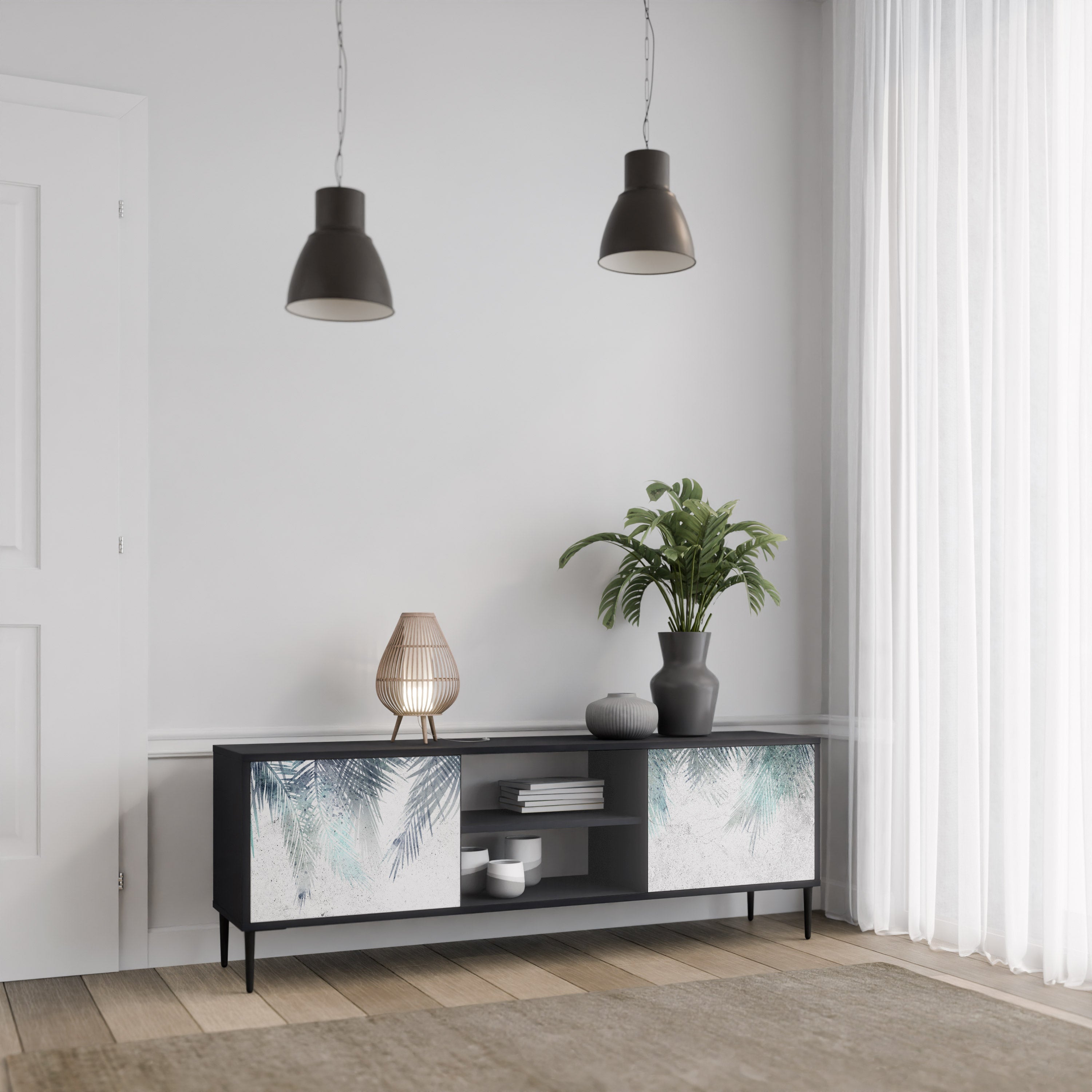 PALM VEIL 2-Door TV Stand in Black Finish