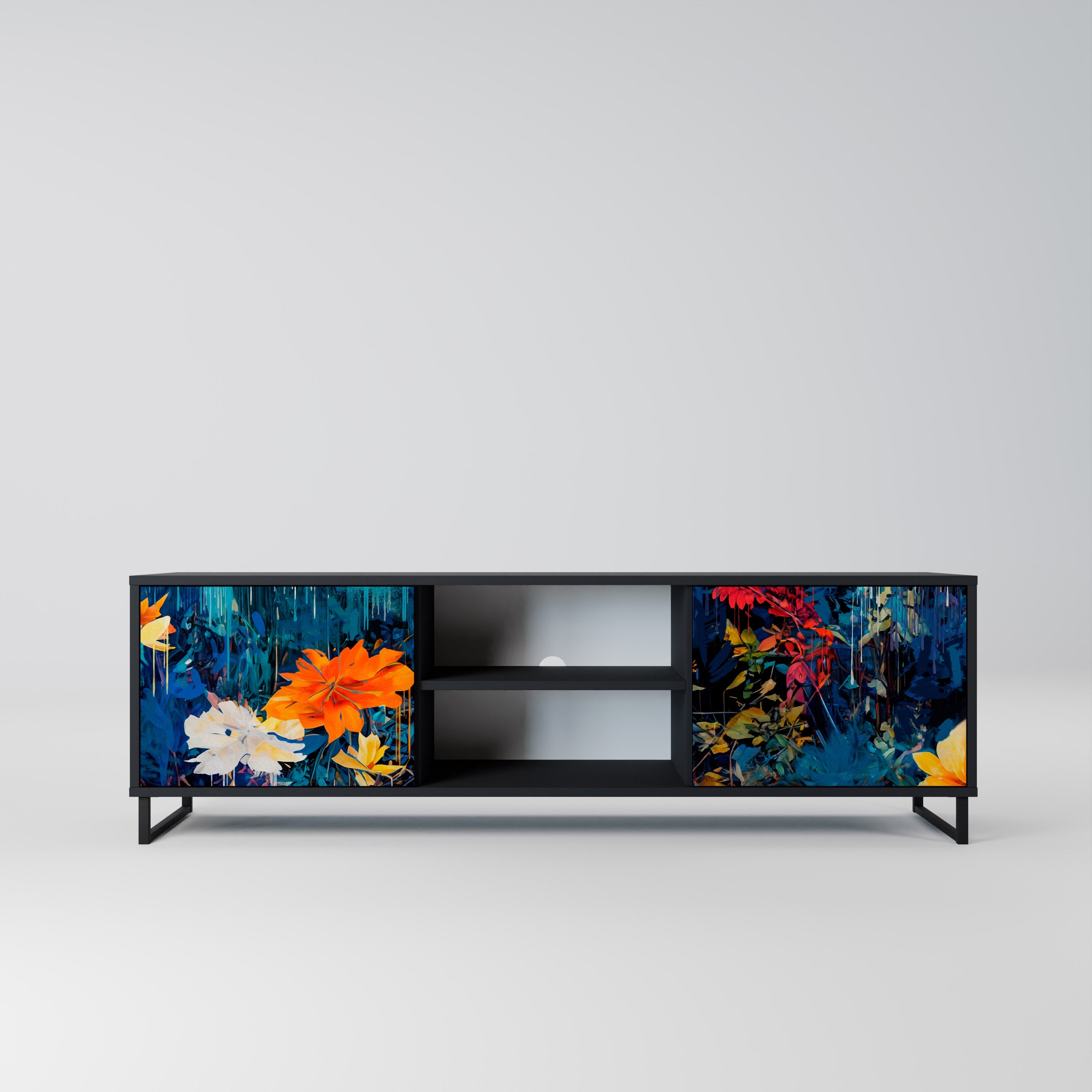 MIDNIGHT BLOSSOM 2-Door TV Stand in Black Finish