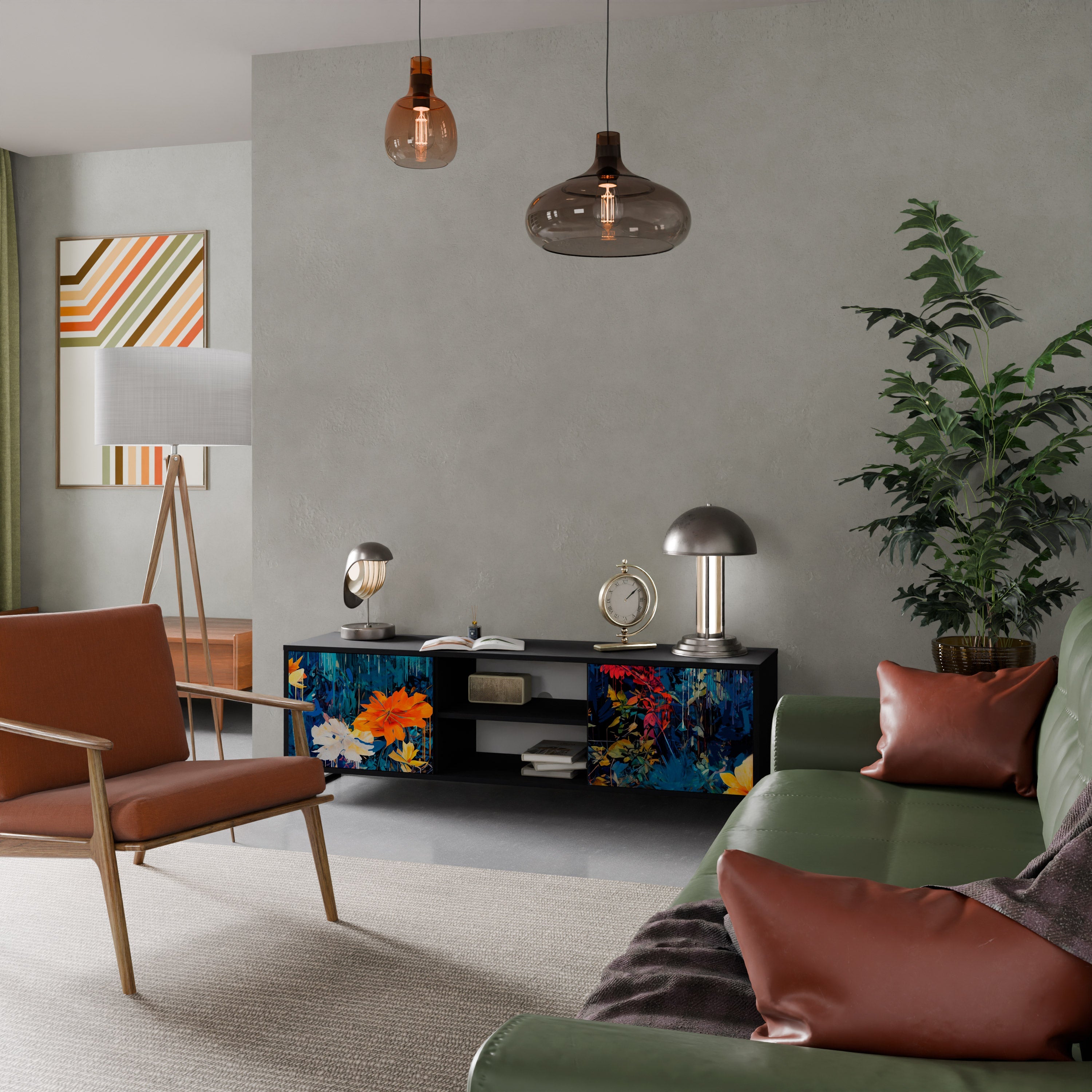 MIDNIGHT BLOSSOM 2-Door TV Stand in Black Finish