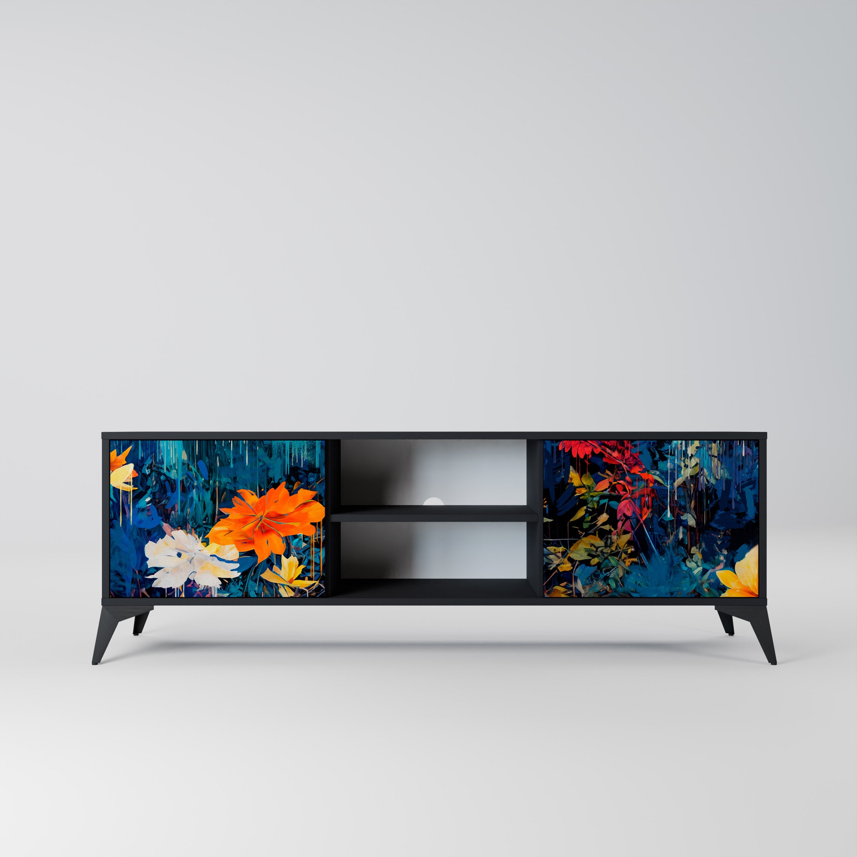 MIDNIGHT BLOSSOM 2-Door TV Stand in Black Finish