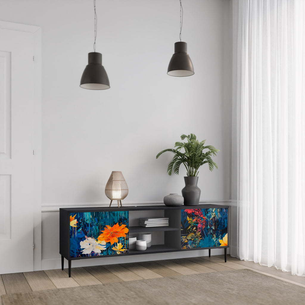 MIDNIGHT BLOSSOM 2-Door TV Stand in Black Finish