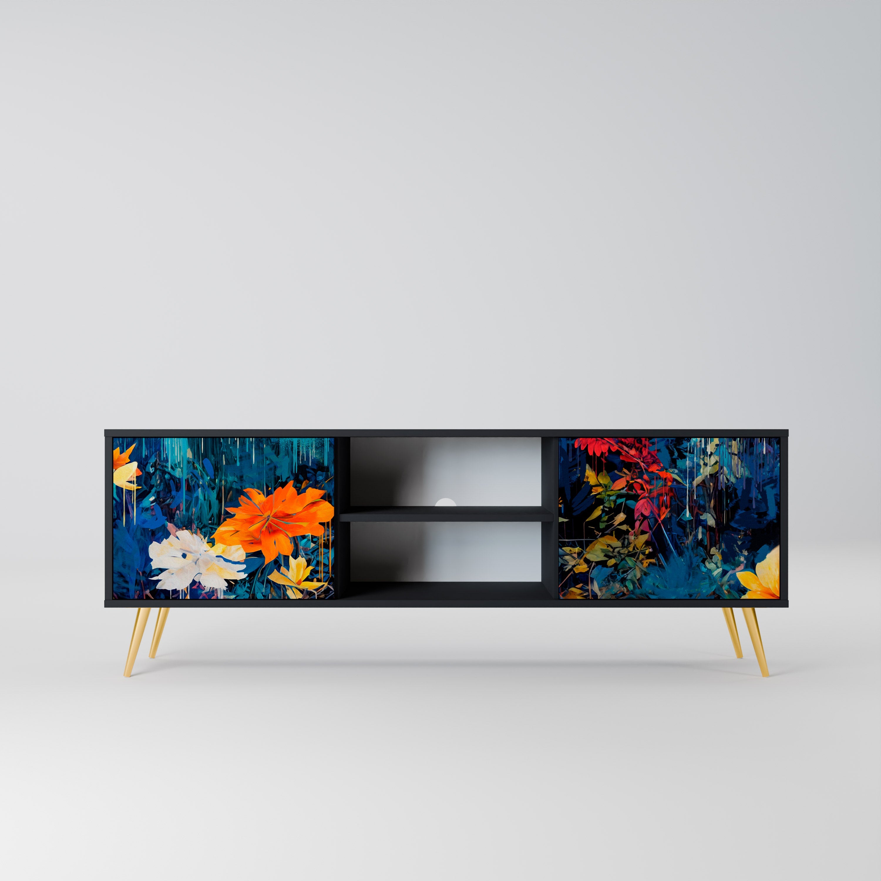 MIDNIGHT BLOSSOM 2-Door TV Stand in Black Finish