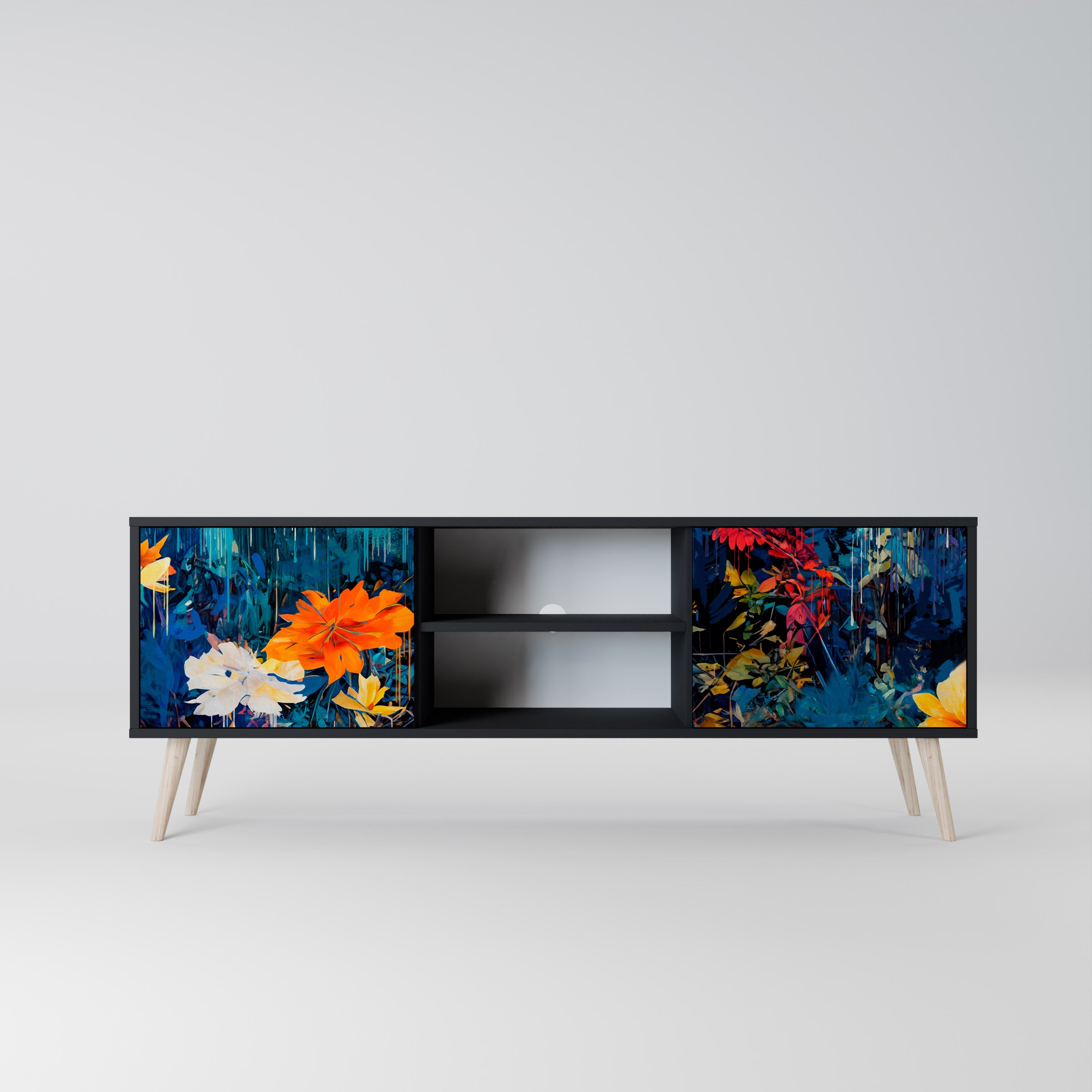 MIDNIGHT BLOSSOM 2-Door TV Stand in Black Finish