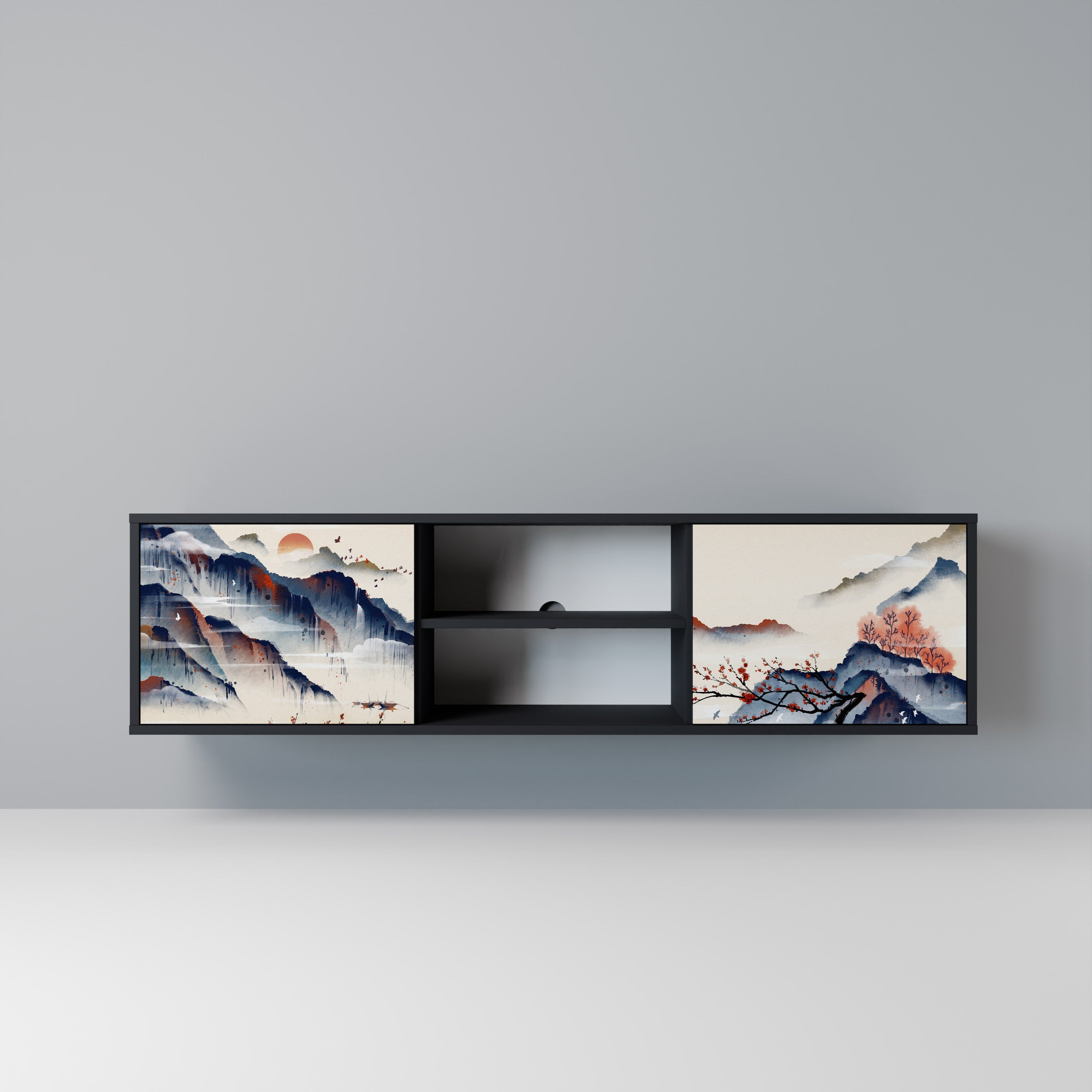 JAPANESE LANDSCAPE 2-Door TV Stand in Black Finish