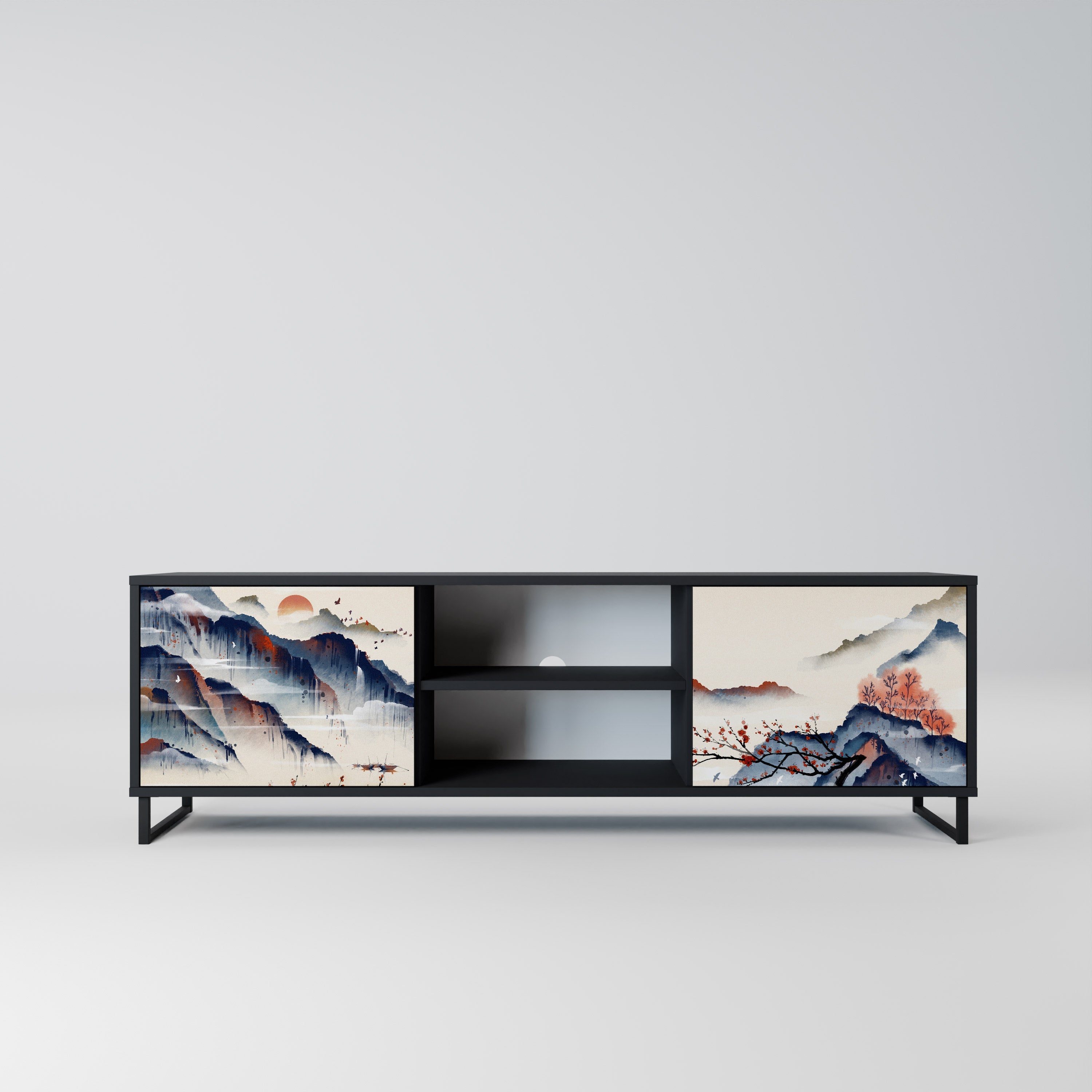 JAPANESE LANDSCAPE 2-Door TV Stand in Black Finish