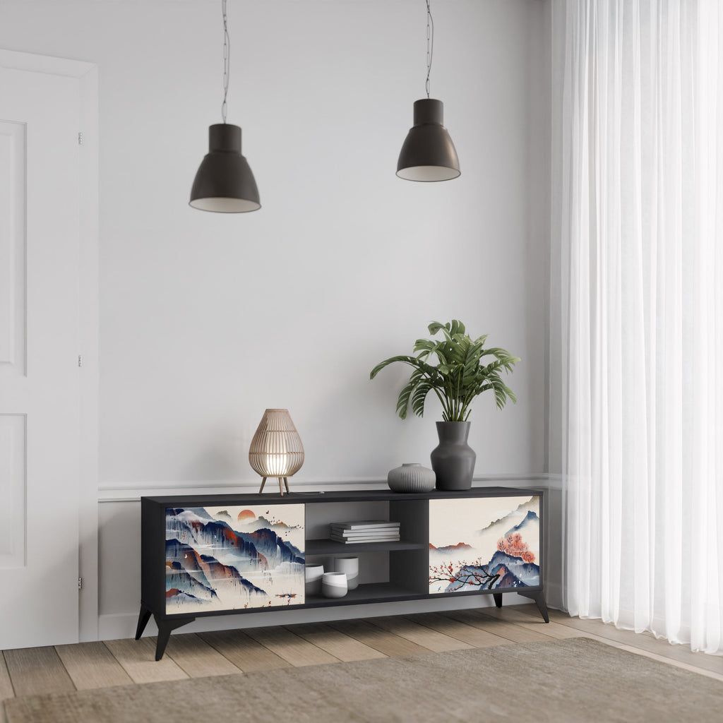 JAPANESE LANDSCAPE 2-Door TV Stand in Black Finish