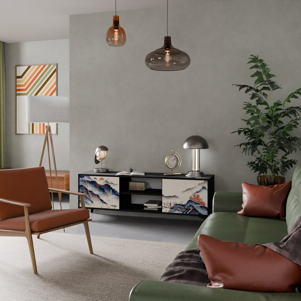 JAPANESE LANDSCAPE 2-Door TV Stand in Black Finish