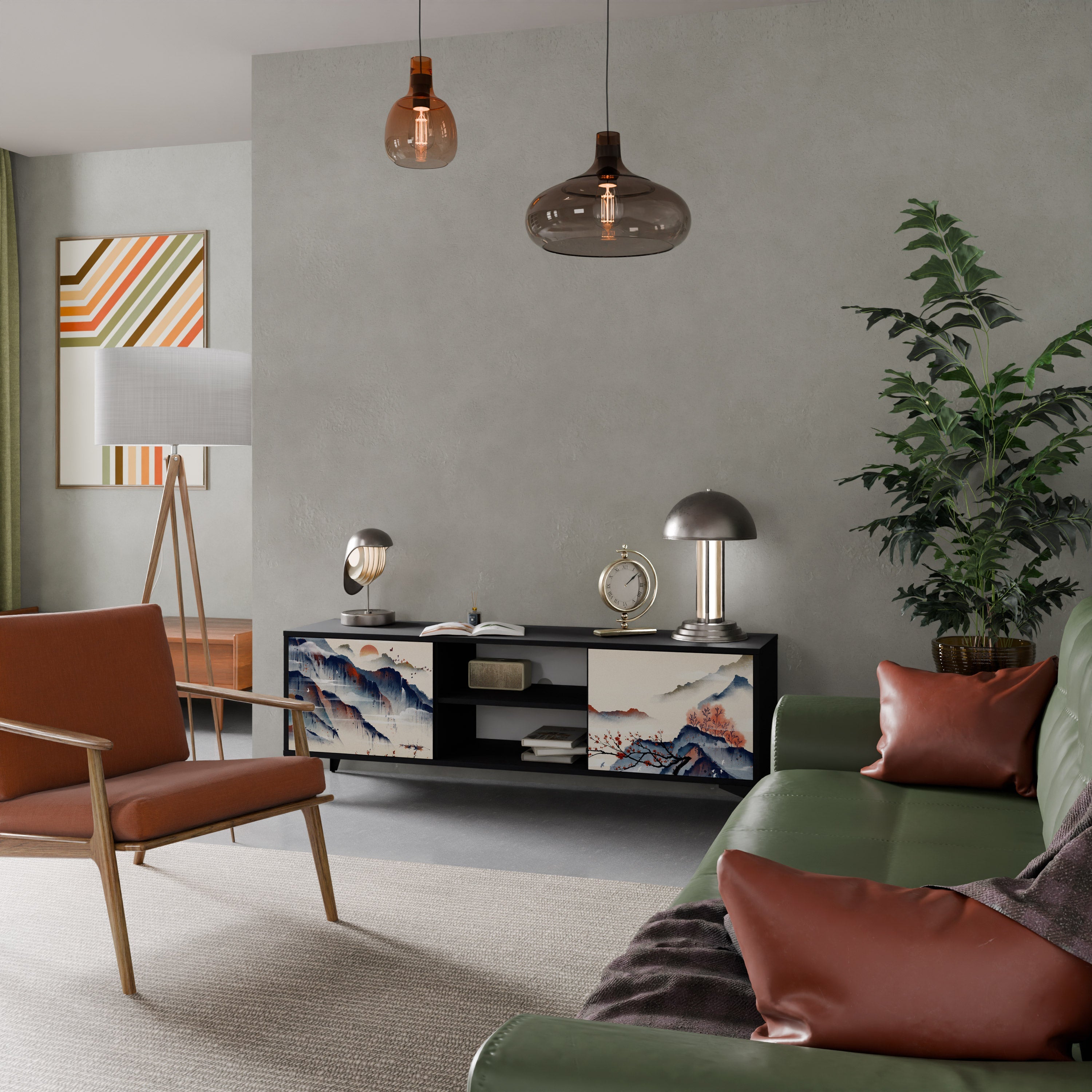 JAPANESE LANDSCAPE 2-Door TV Stand in Black Finish